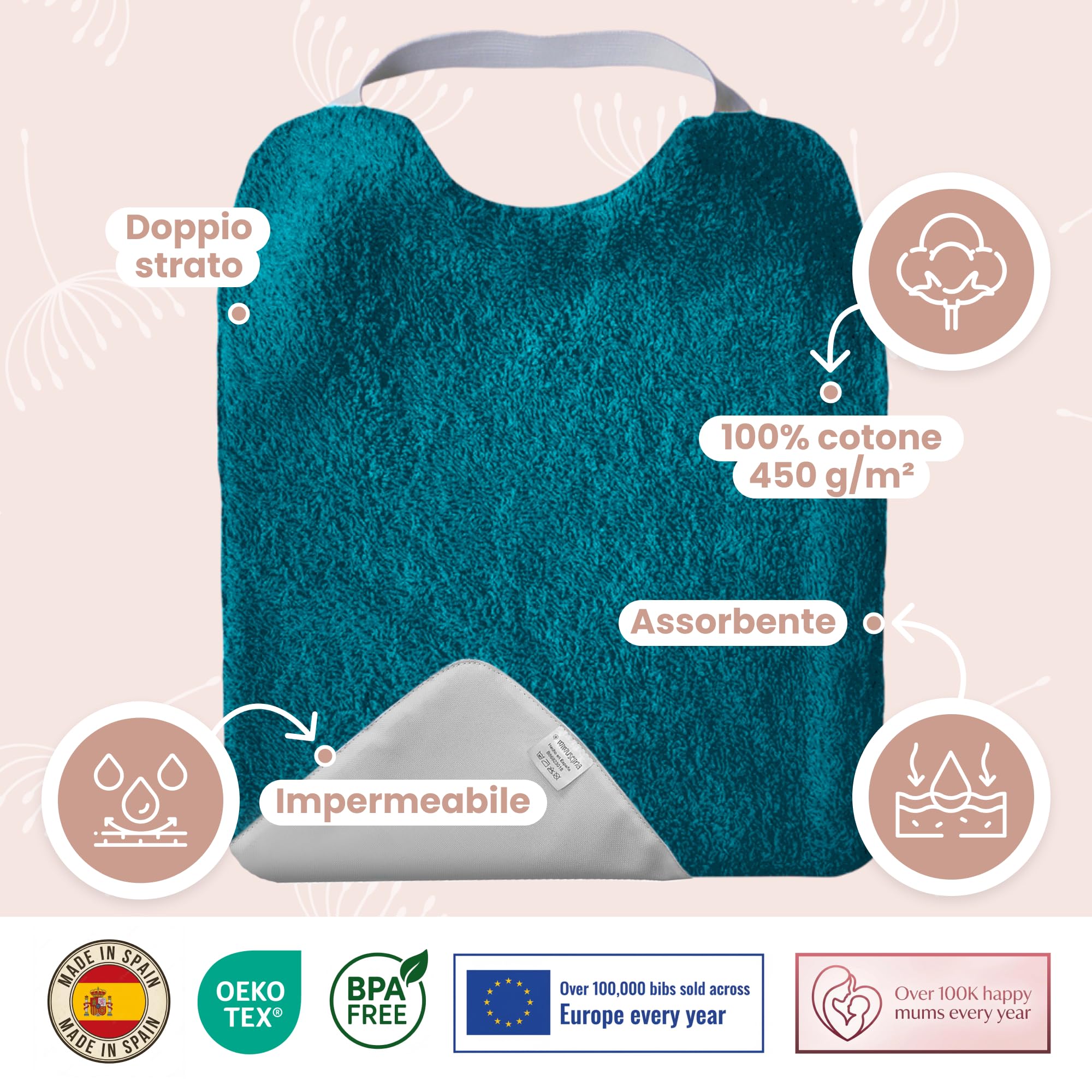 MIMUSELINA Set di 5 Bavaglini Neonato Impermeabili BLW in Spugna | Cotone Premium Oeko-Tex | Set Pappa Svezzamento Neonati | Grandi Bavaglini Asilo con Elastico al Collo | Realizzati a mano Spagna