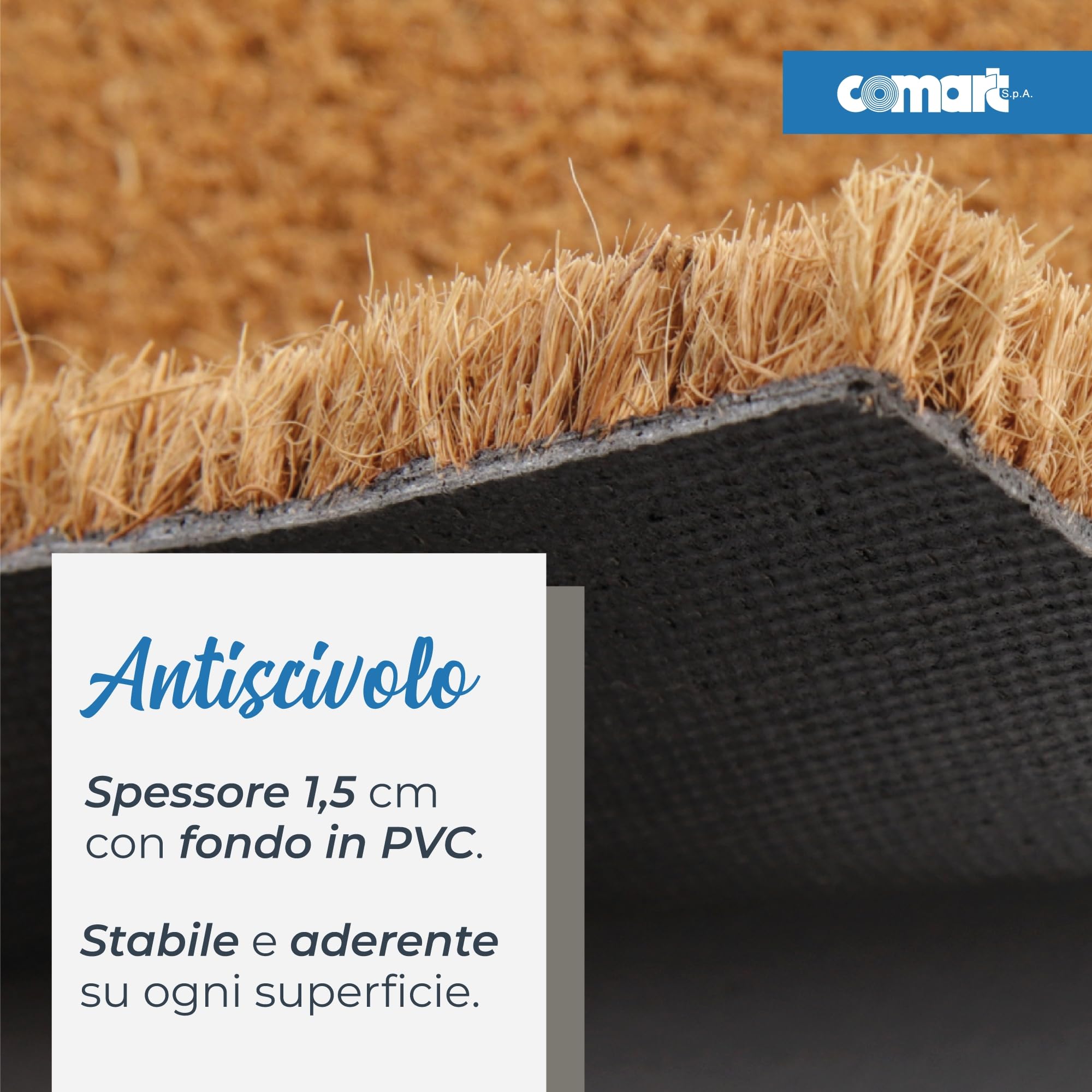 Comart - Zerbino Natural in Cocco - 40x70 cm - Zerbino per Ingresso Esterno e Interno - Fondo in PVC Antiscivolo - Tappeto Fuori Porta - Asciugapassi Facile da Pulire e Resistente - Rettangolare