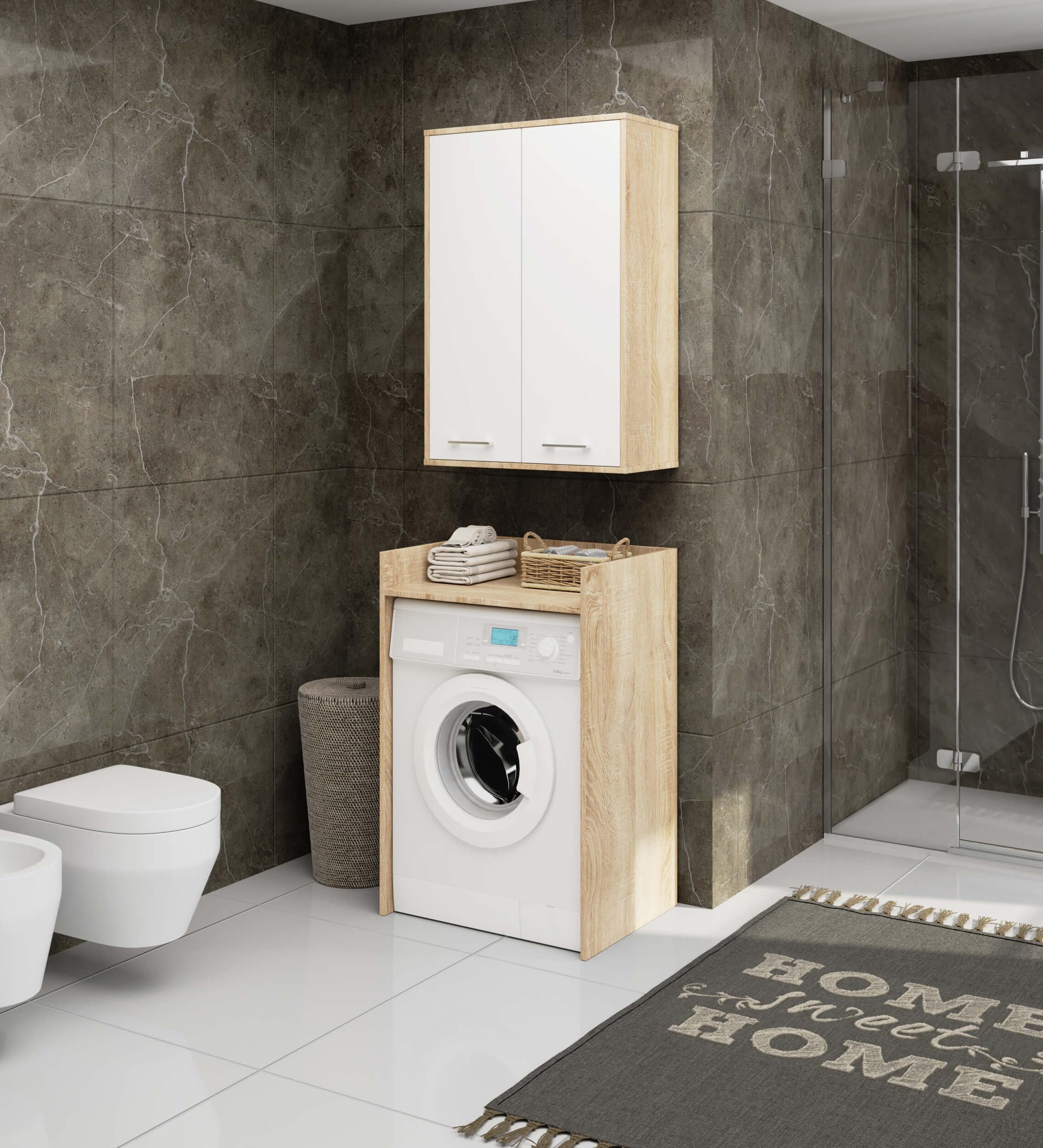 AKORD Meuble Salle de Bain Suspendu Fin 64 cm - 2 Portes, 4 Étagères - Armoire Murale 64x94x30 cm - Meuble Haut WC - Compact, Moderne - Idéal pour Petits Espaces - Chêne de Sonoma & Blanc