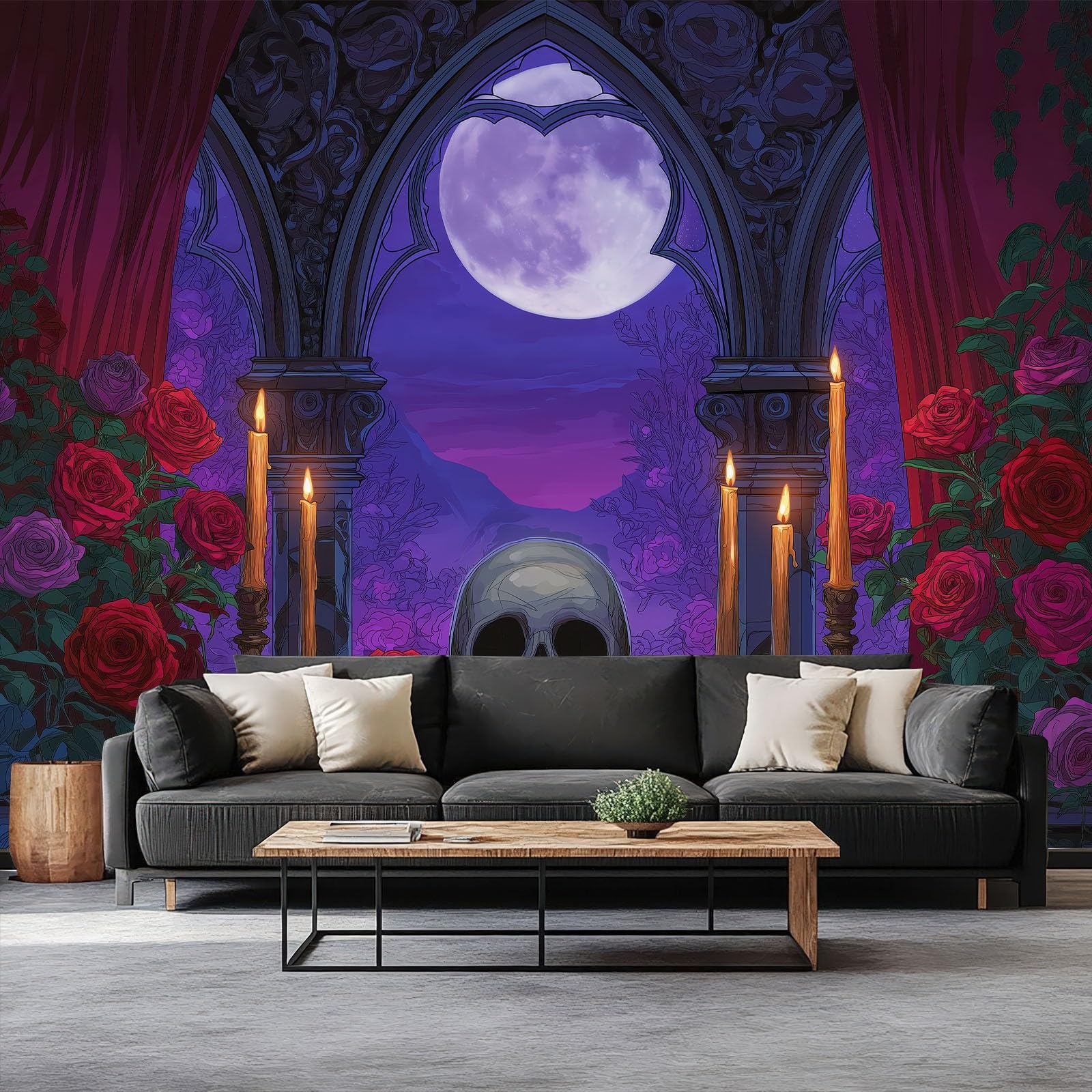 Gotycki łuk, czaszka, kwiaty, fototapeta, 350 x 256 cm, flizelina, sztuka fantasy, sztuka ścienna mural do salonu, telewizora, sofy, hotelu, korytarza, tapeta ścienna, obraz
