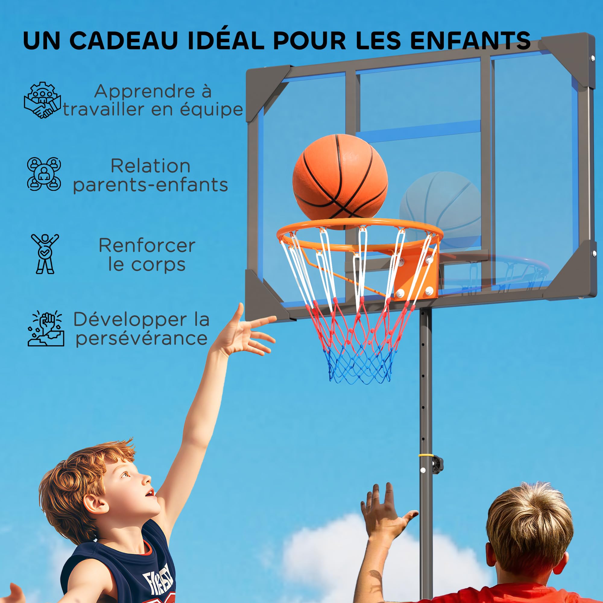 AIYAPLAY Panier de Basket, Hauteur réglable de 210-260 cm, Panier de Basket extérieur et intérieur avec Roues, Base de lestage, Cadeau pour garçon et Fille, Bleu
