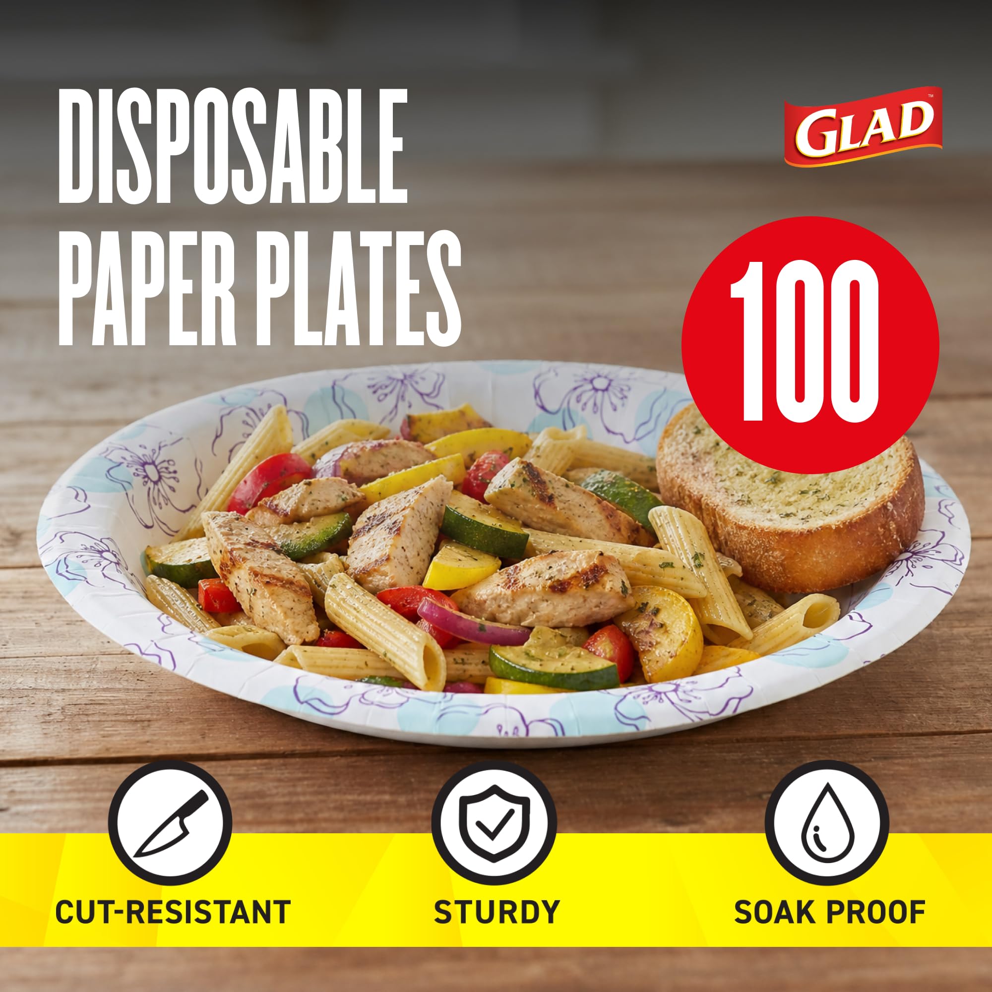 Glad Piatti di carta usa e getta rotondi, fiore blu, 25,4 cm, 100 pezzi