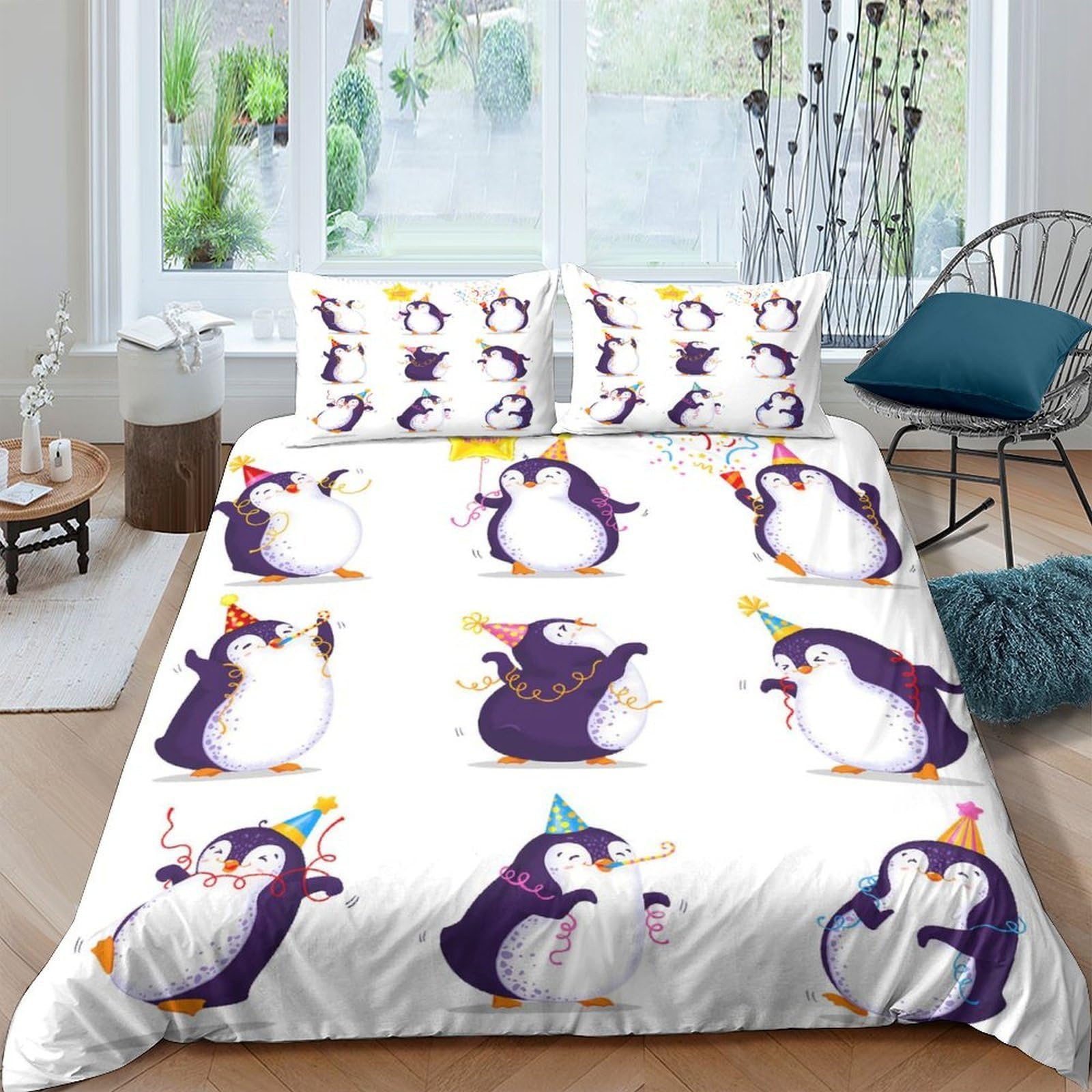 Ctjqhvkz Style-2 3D Printed Party Penguin Fitted Sheet Microfiber Soft Breathable Cartoon Penguin Bed Cover For Bedroom Dorm Decor Single（135X200cm）