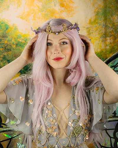 Miniatura 2 de MOSTORY Corona de elfo de luna hecha a mano, tocado de flores de hada, tiara floral de hoja de bosque para mujeres y niñas, renacentista, Halloween,