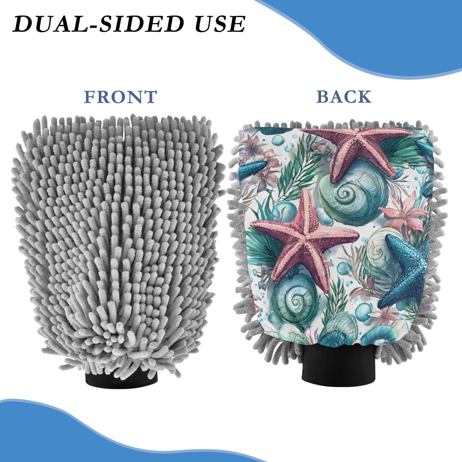 ALAZA Starfish Shell Car Wash Mitt Scratch Free, 2 Pack Absorbent Microfiber/Chenille Washing & Drying Mitts, M
