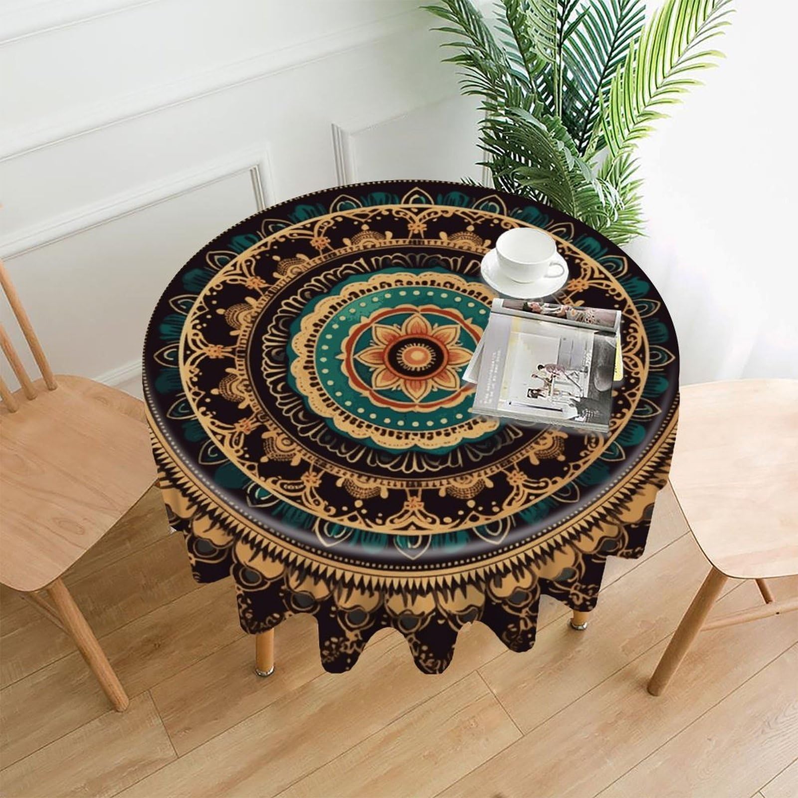 FekiLoot Round Mandala Tablecloth Decorative Fabric Table Cloth Wrinkle Free Circle Dining Tablecover Washable Polyester Table Cover for Holiday Dinner Party Decor 60"