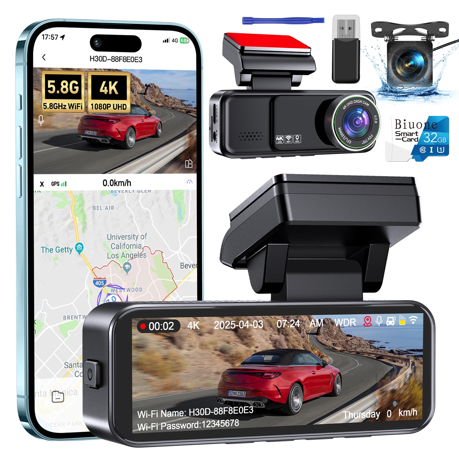 Dash Cam Front and Rear, 4K Dash Cam Built-in 5.8G WiFi GPS ADAS | 3.2" IPS Screen Dash Camera for Cars with 32GB Card,G-Sensor,Loop Recording,WDR,Night Vision Dashboard Camera-picture-32