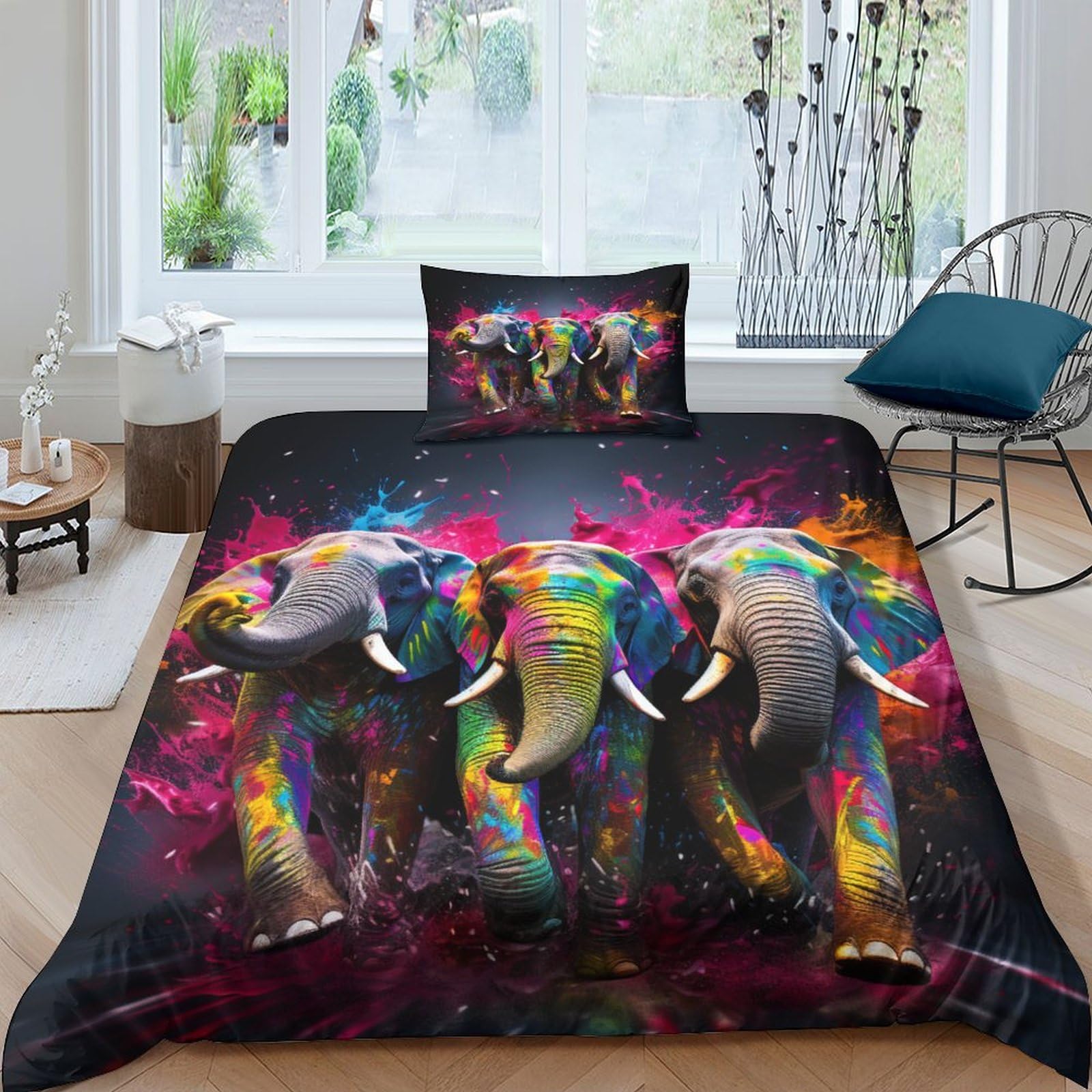 Housse de couette éléphant 3D en microfibre 135x200cm pour lit simple avec taie d'oreiller