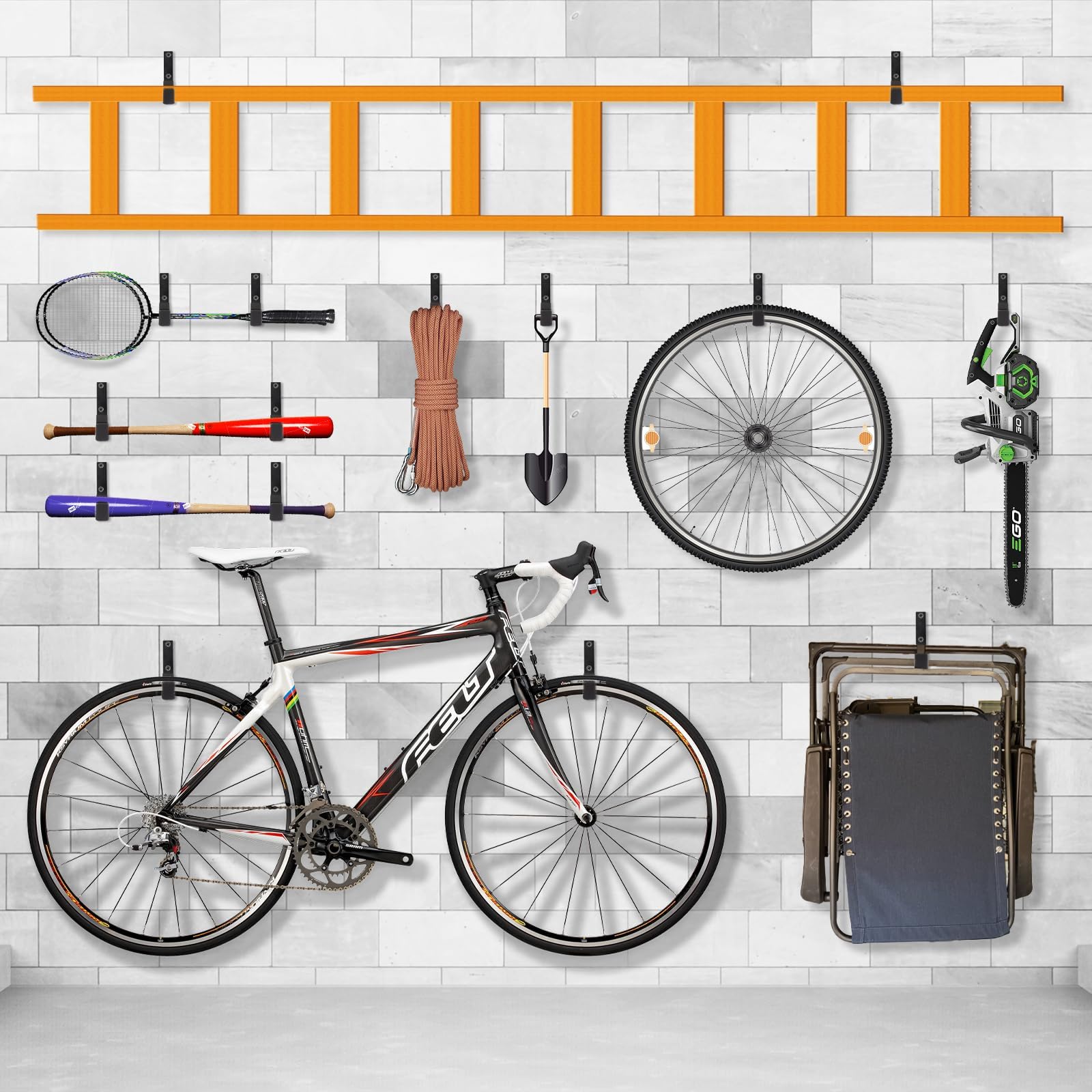 Ganci in acciaio resistente, organizer per attrezzi da garage e giardino, ganci per montaggio a parete, gancio per tubo flessibile (12, grande)