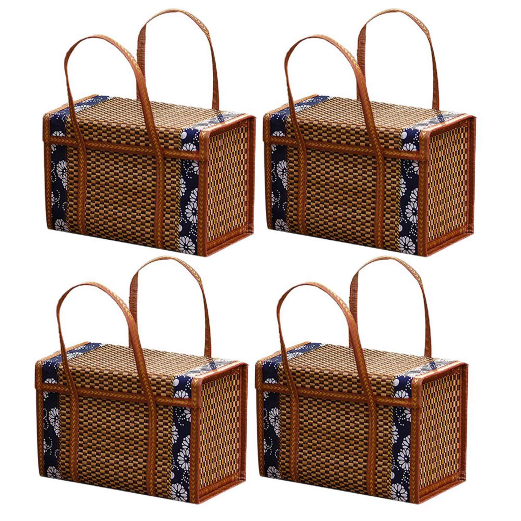 Vjsujehgy 4X Picnic Woven Basket Wicker Storage Bag Handle Folded Fruit Shopping Food Handle Rattan Grass Foldable Bamboo Basket B