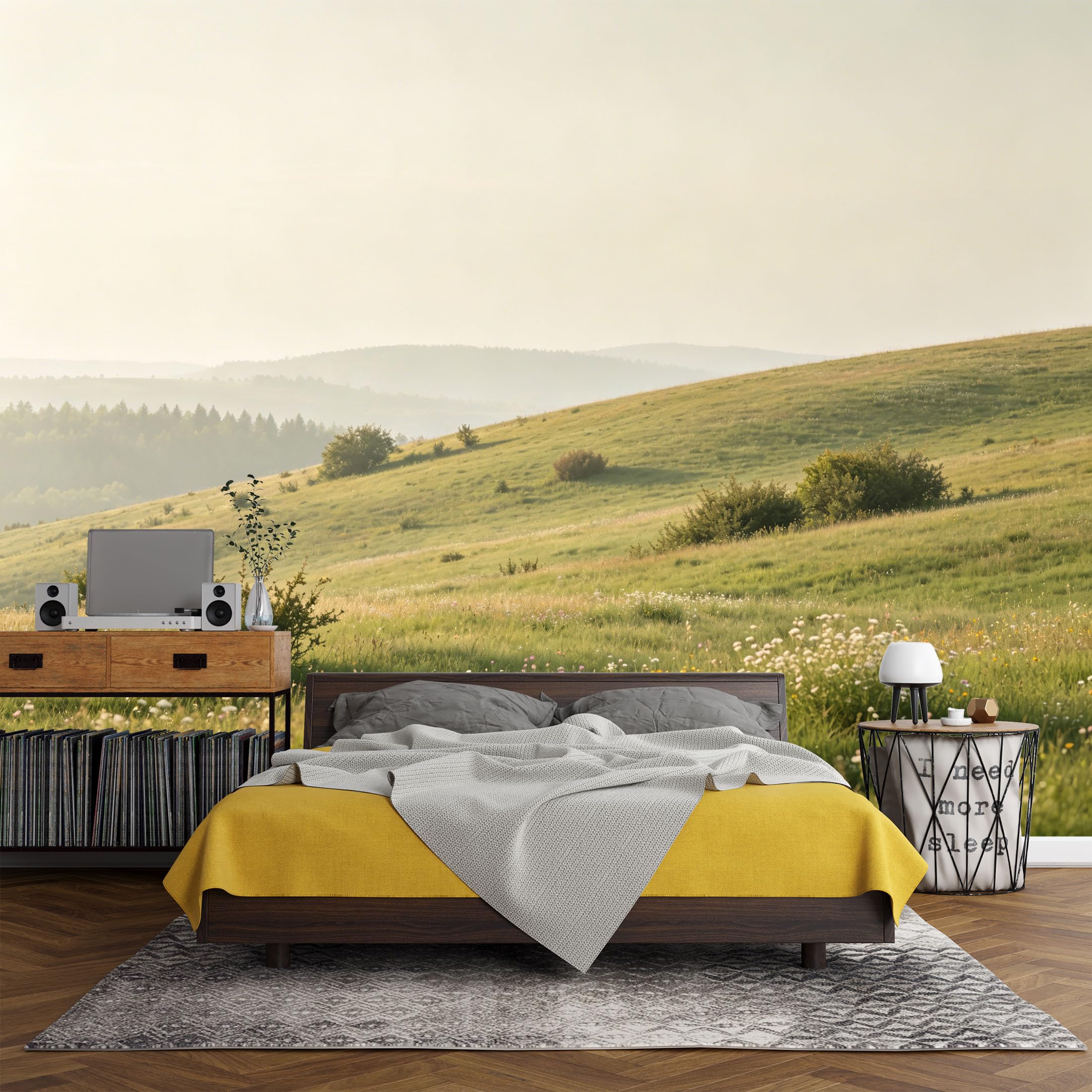 Custom Size Wall Mural， Landscape Meadow Wildflowers Rolling Hills Morning Sunlight，SelfAdhesive Art Prints wall Fabric (No PVC) Removable Wallpaper Living Room Decor