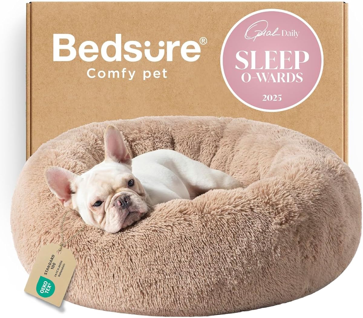 Bedsure Calming Dog Bed Medium Size Dog - Donut Washable Medium Pet Bed, 30 inches Anti-Slip Round Fluffy Plush Faux Fur Cat Bed, Fits up to 45 lbs Pets, Camel