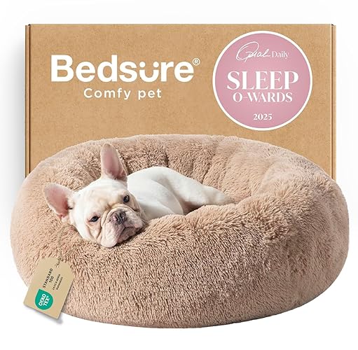 Bedsure Calming Dog Bed Medium Size Dog - Donut Washable Medium Pet Bed, 30 inches Anti-Slip Round Fluffy Plush Faux Fur Cat Bed, Fits up to 45 lbs Pets, Camel - 30"L x 30"W x 8"Th - Camel