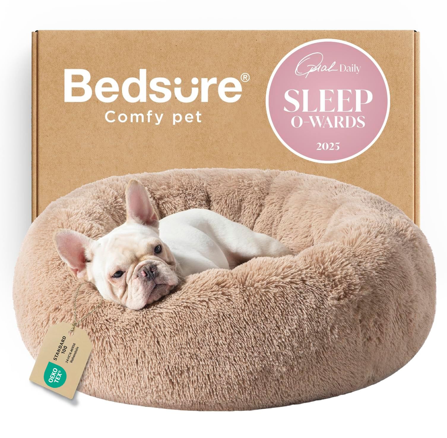 Bedsure Calming Dog Bed Medium Size Dog - Donut Washable Medium Pet Bed, 30 inches Anti-Slip Round Fluffy Plush Faux Fur Cat Bed, Fits up to 45 lbs Pets, Camel