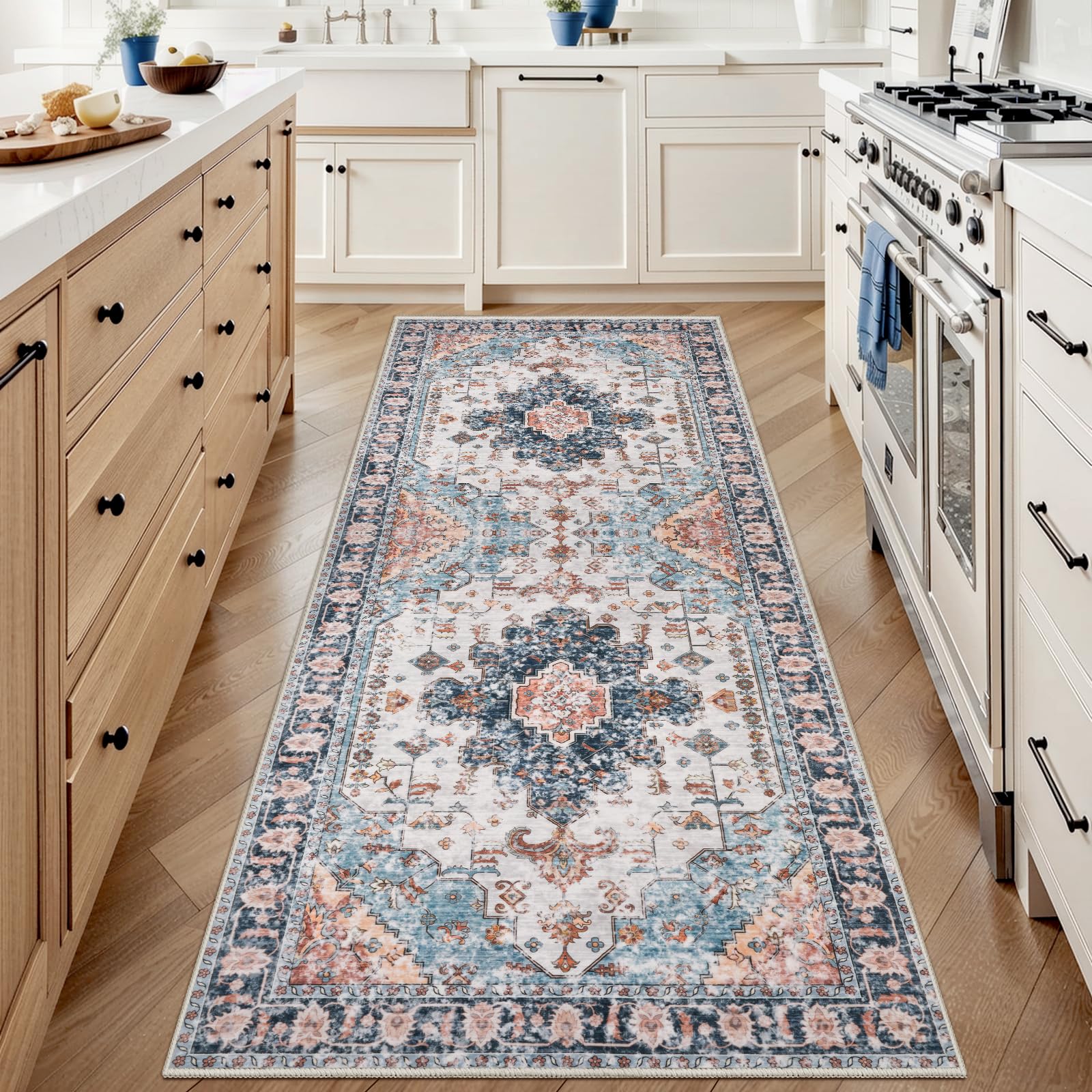 Tangsoo 2x6 Washable Runner Rug for Hallways, Non Slip Vintage Rugs, Soft Low Pile, Print Distressed Blue/Orange Carpet Runners for Kitchen Bedroom