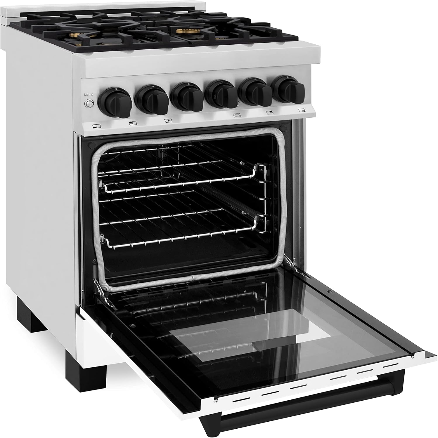 ZLINE Autograph Edition 24 in. 2.8 cu. ft. Legacy Dual Fuel Range with 4 Burner Gas Cooktop and Electric Convection Oven in Stainless Steel with White Matte Door and Matte Black Accents (RAZ-WM-24-MB)