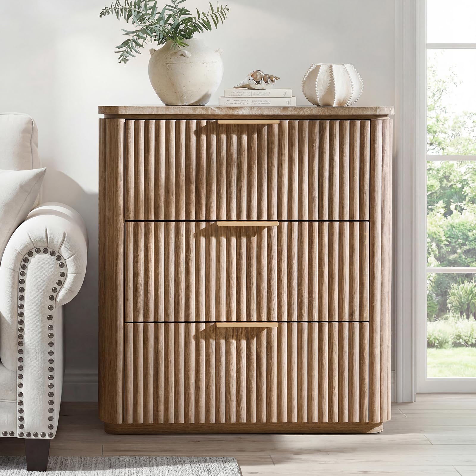 fluted night stand, 23"w nightstand with 3 drawers, wood bed side table with faux marble-top, curved profile design, metal handle, modern bedside table for bedroom, living room end table, natural oak