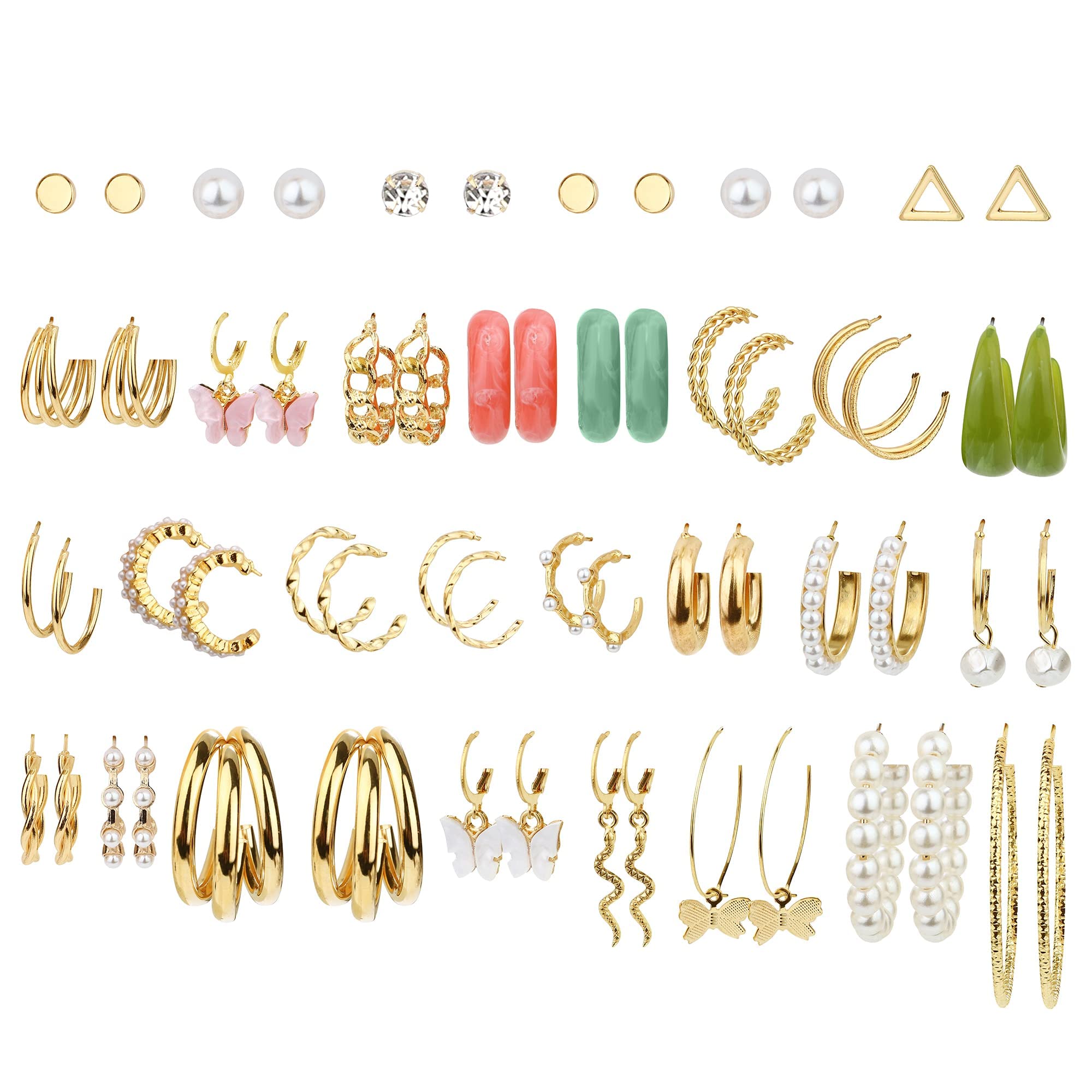 MILACOLATO Pendientes Mujer Juego De 30 Pares De Pendientes De Perlas Doradas Para Mujeres y Niñas Colores Vintage Pendientes Colgantes Bohemios Pendientes De Aro De Acrílico