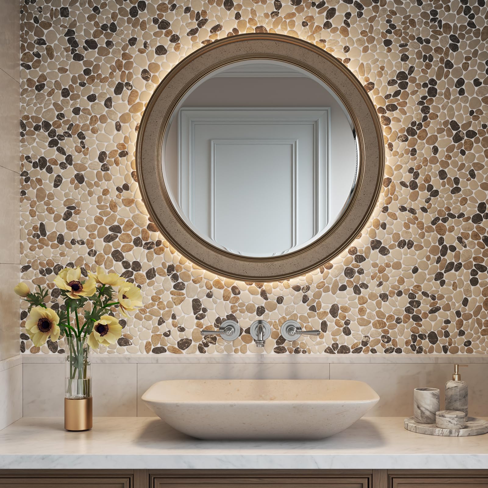 Azulejo de guijarros para suelo de ducha, azulejos de mosaico de piedra natural para cocina, baño, marrón beige, 4 hojas