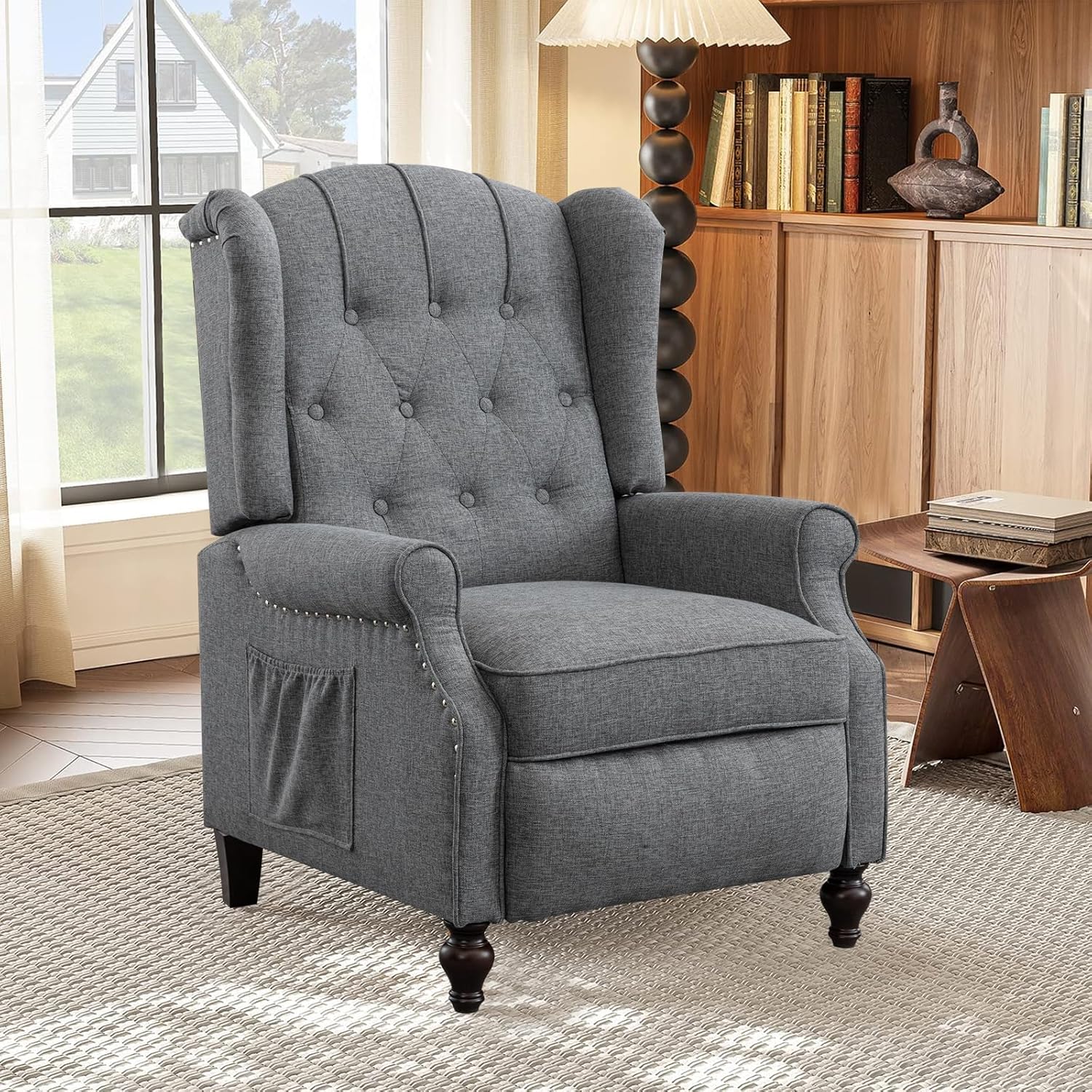 Pushback Recliner Chair Set of 2, Linen Tufted Armchairs with Massage & Heat, Mid-Century Modern Wingback Accent Chairs for Living Room, Small Space (Light Grey, 2PC)