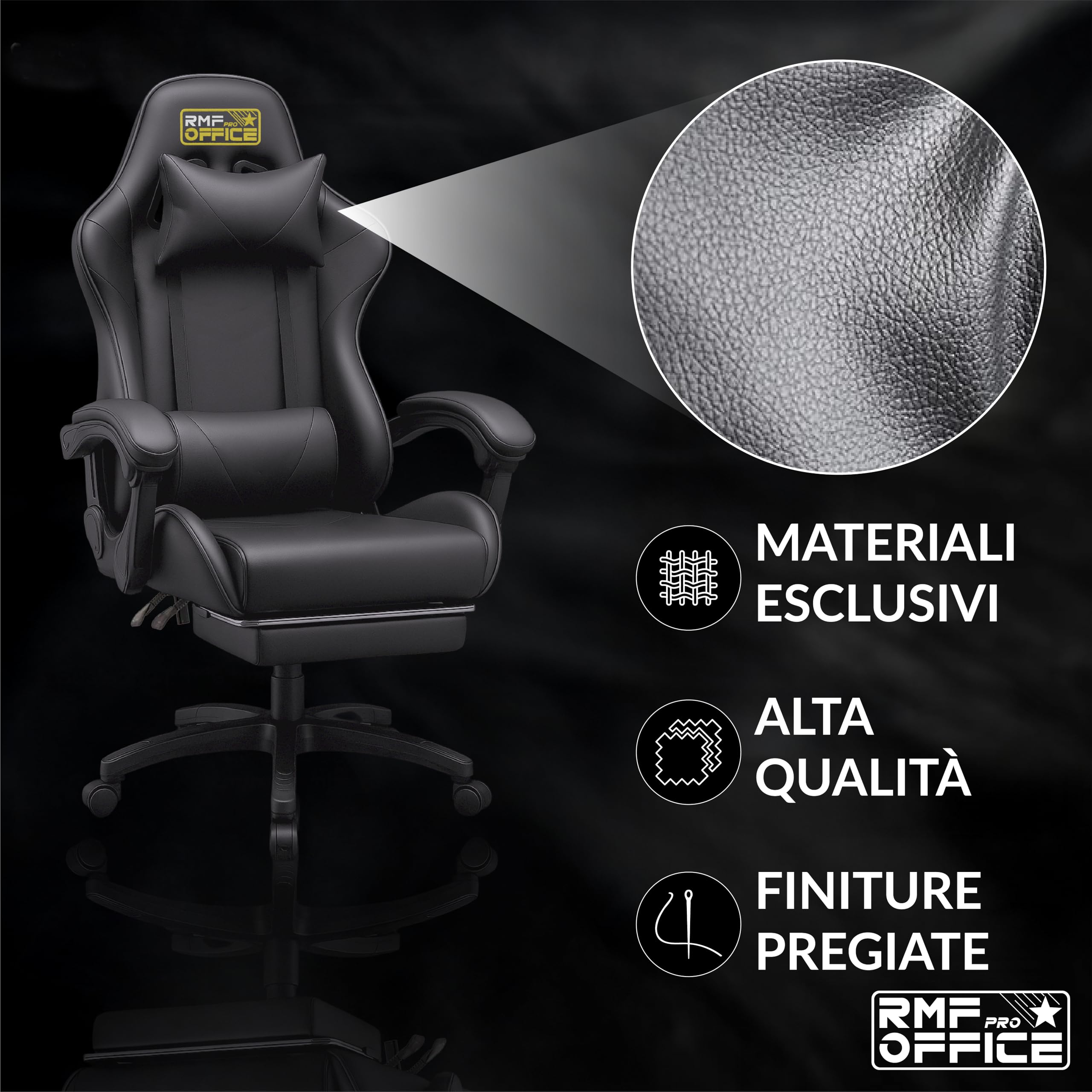 RMF Sedia Gaming Professionale Ergonomica Reclinabile, Poltrona Gaming Seduta Comoda e Rilassante con Poggiapiedi - Sedia per Gamer con Ruote Girevoli, Altezza Regolabile Nero