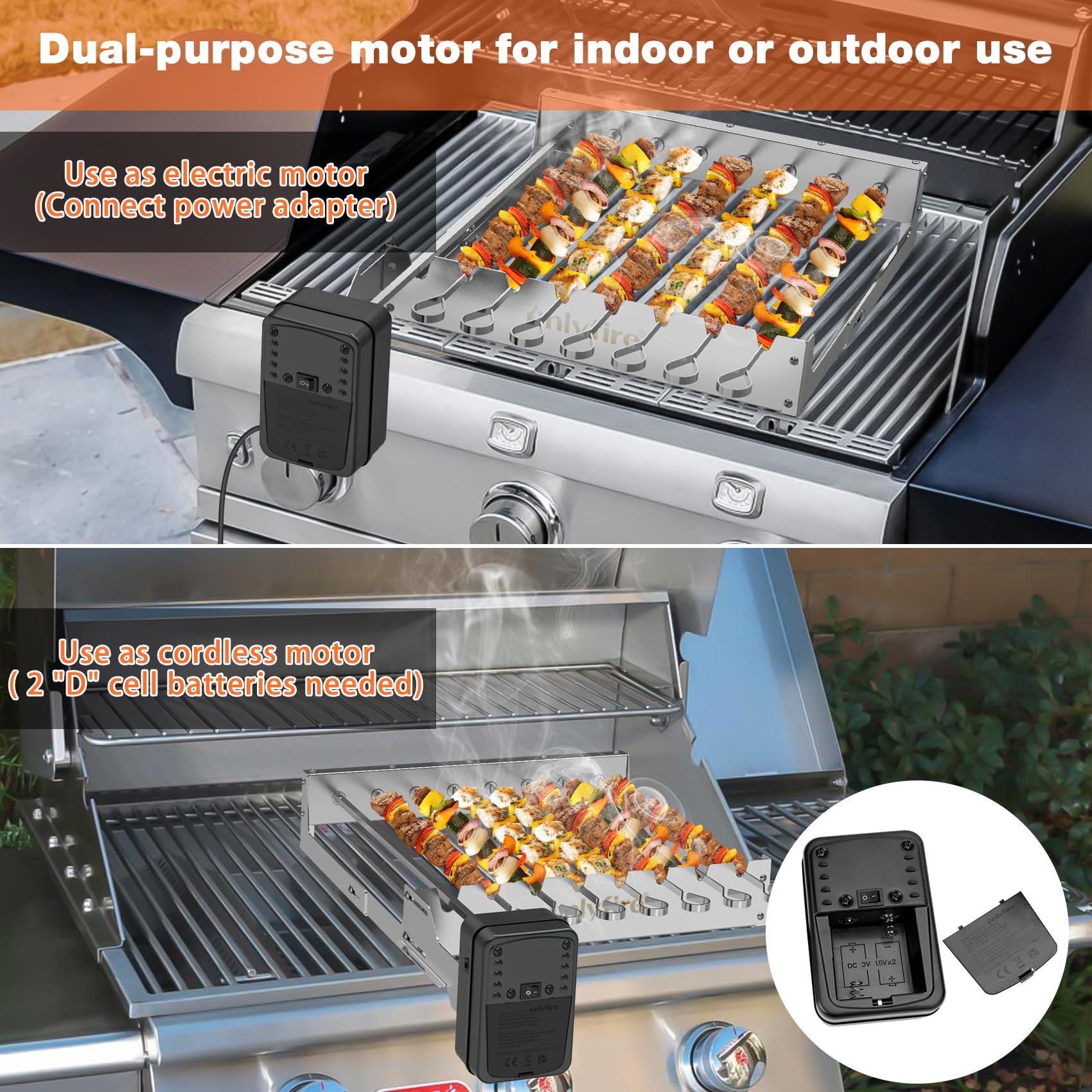 Onlyfire Elektrischer Spiessdreher, Edelstahl Drehspieß Aufsatz mit 7 Spießen und Motor, Größenverstellbar 43,3 x 40,3-46,3 cm, mit Netzstecker, Drehspieß Rotisserie, Silber