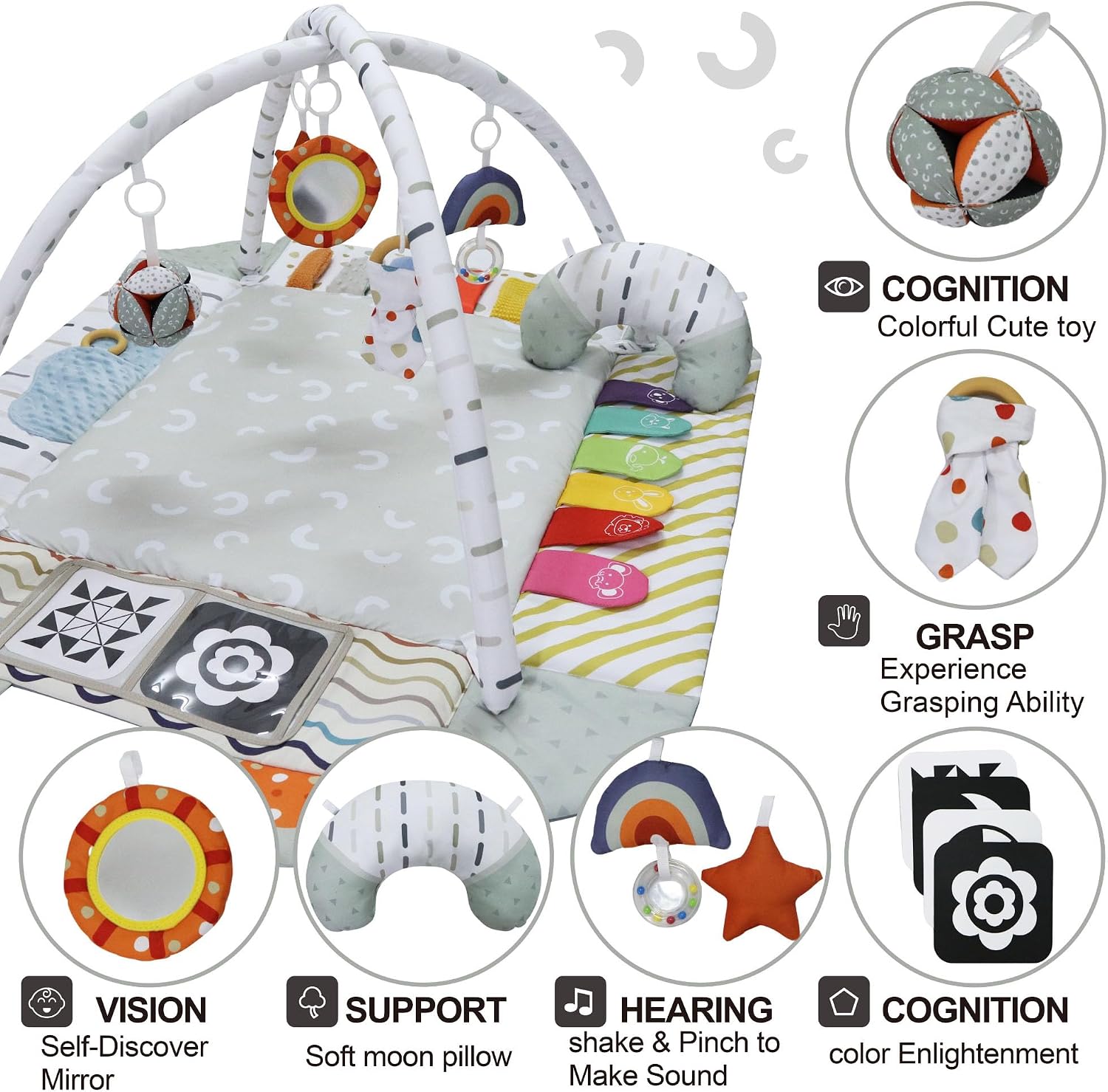 Aila+Aiden Baby Gym Play Mat, 8-in-1 Tummy Time Mat & Activity Gym, Washable Ball Pit, Infant Play Mat with Detachable Toys for Sensory Exploration and Motor Skill Development