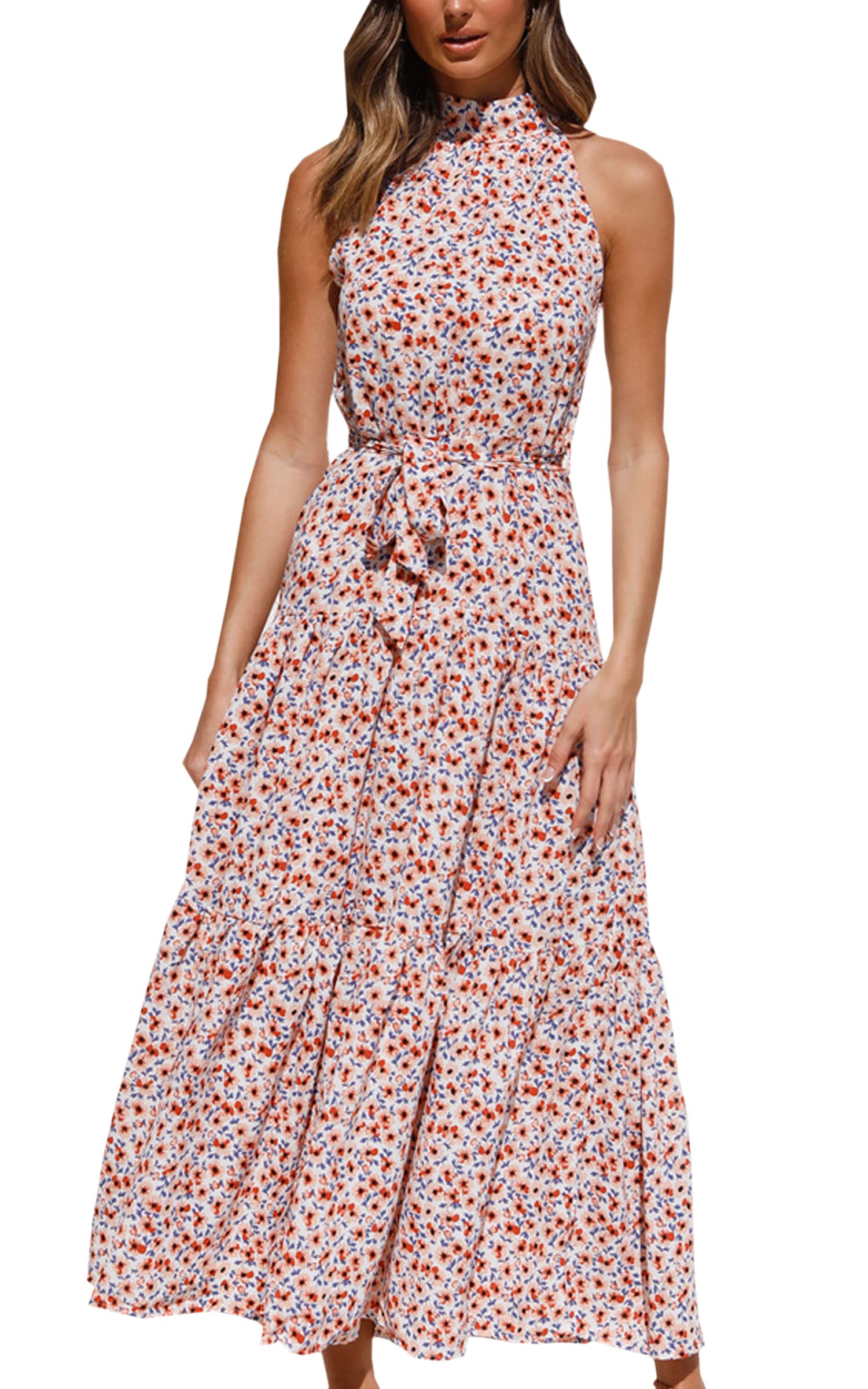 ECOWISH Womens Summer Dresses 2023 Boho Floral Maxi Sun Dress Halter Neck Flowy Party Prom Dresses for Women