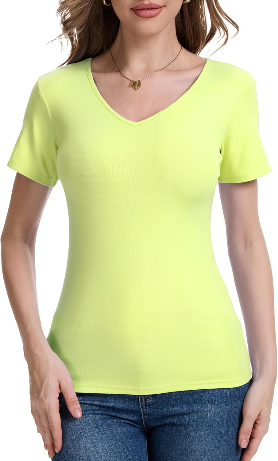 Women's Rayon Stretchy T Shirts Plain Summer V-Neck Basic Slim Fitted Short Sleeve Tees (S- XXL) - Image 2