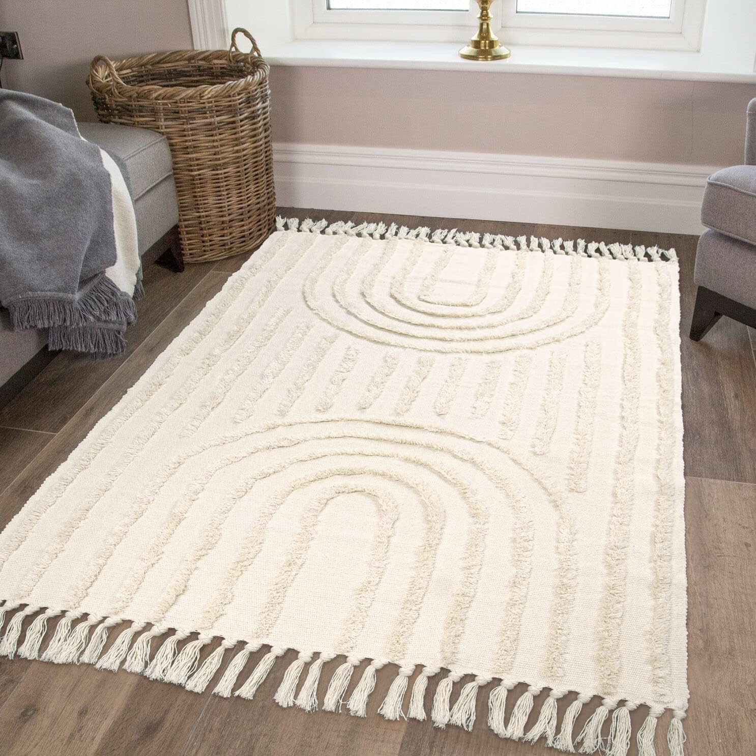 Cotton Rug with Tassels, Hand-Woven, Chic, Boho, Alfombra de baño, alfombra de cocina, de algodón de granja, ideal para salón, dormitorio, etc. (Beige Rainbow, 120 x 180 cm)