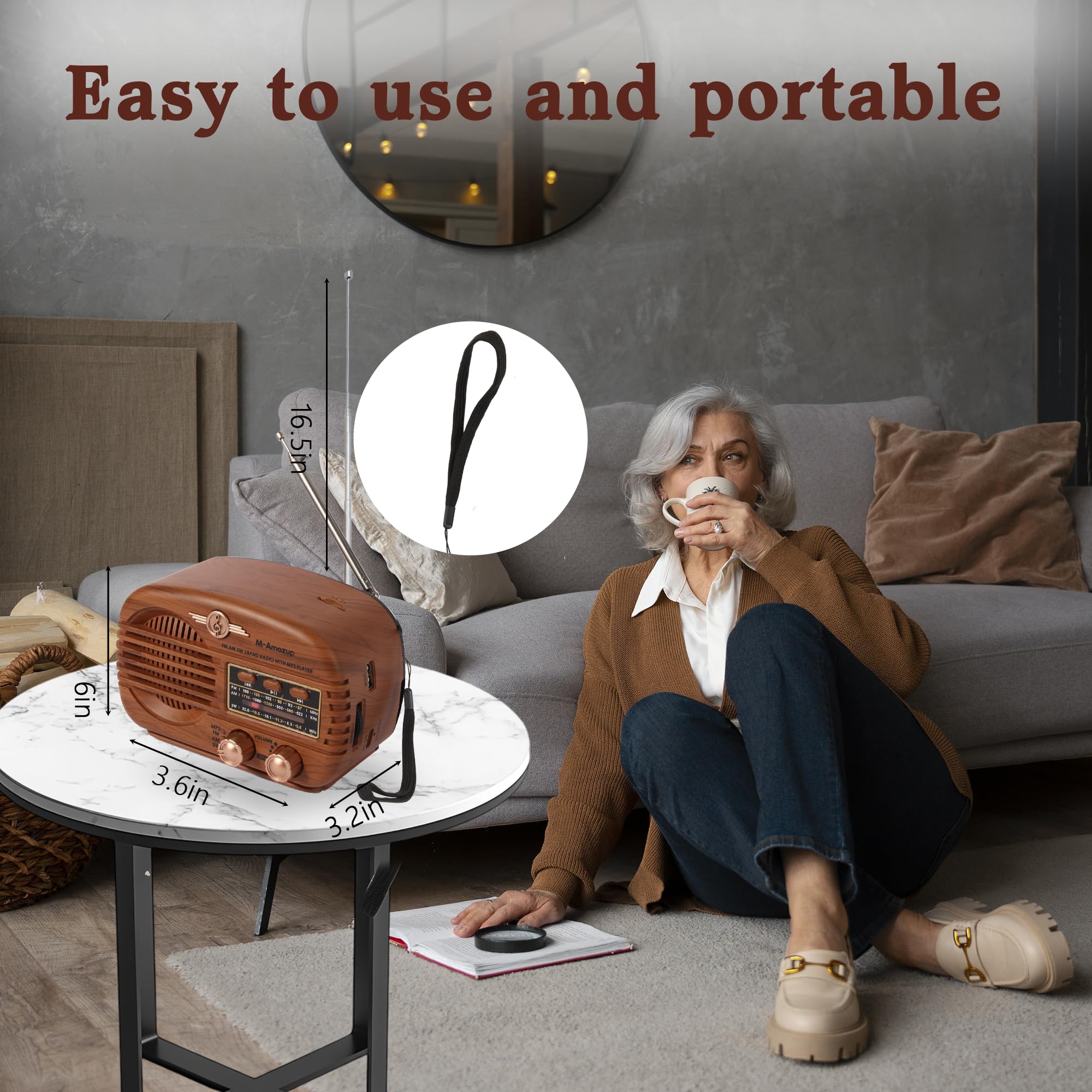 Radios portables AM FM SW, radio rétro avec haut-parleur, radio transistor Bluetooth 5.3, alimentée par batterie rechargeable, TWS, prend en charge carte TF/MP3/USB, cadeaux pour seniors