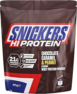 Snickers Hi Protein Chocolate, Caramel and Peanut Flavor Whey Protein Shaking Powder 874g Bag, Contains 25 Servings, 21g P...
