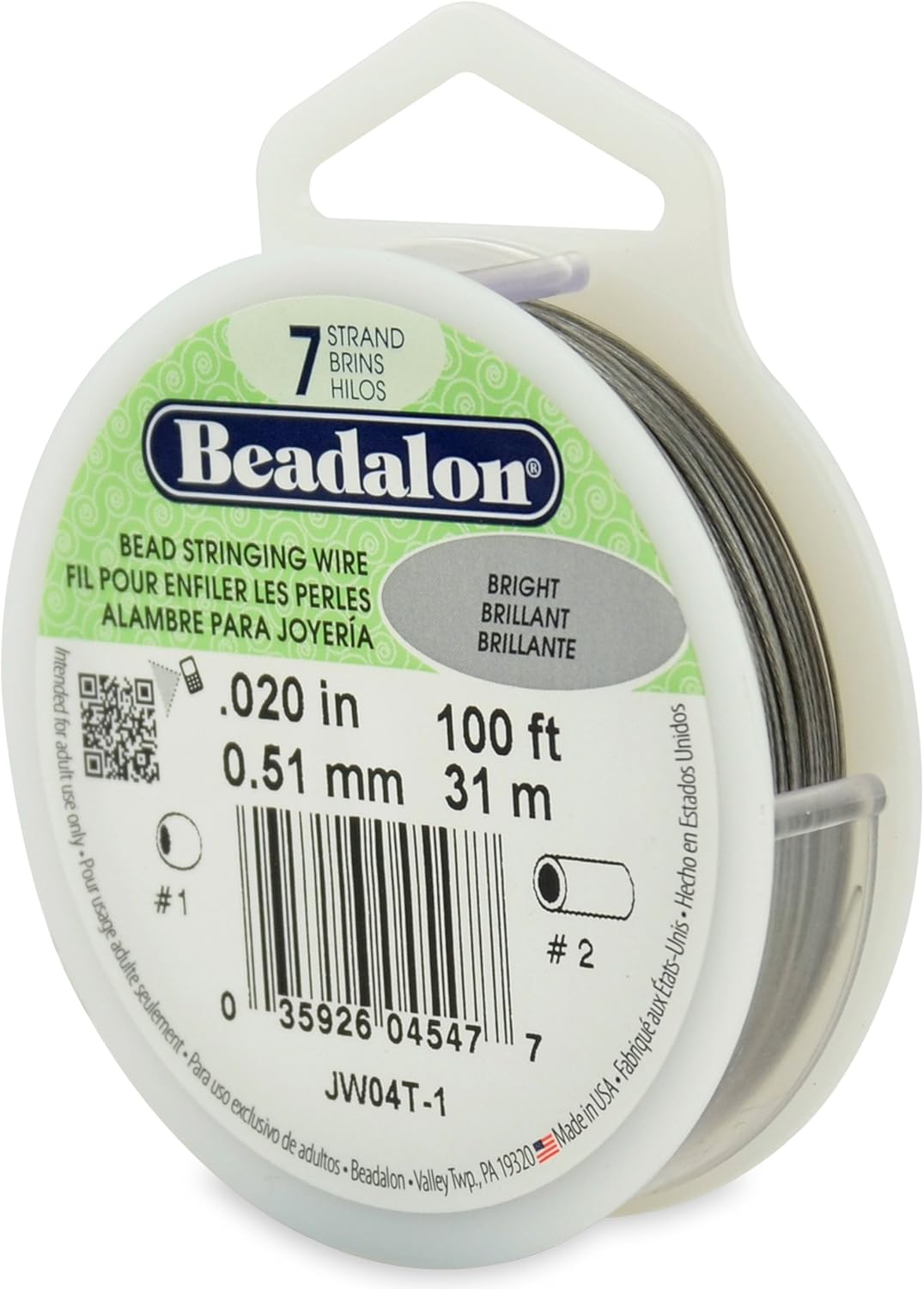 Beadalon 0.51 mm Diameter 31 m Reel 7 Strand Wire, Bright, Silver