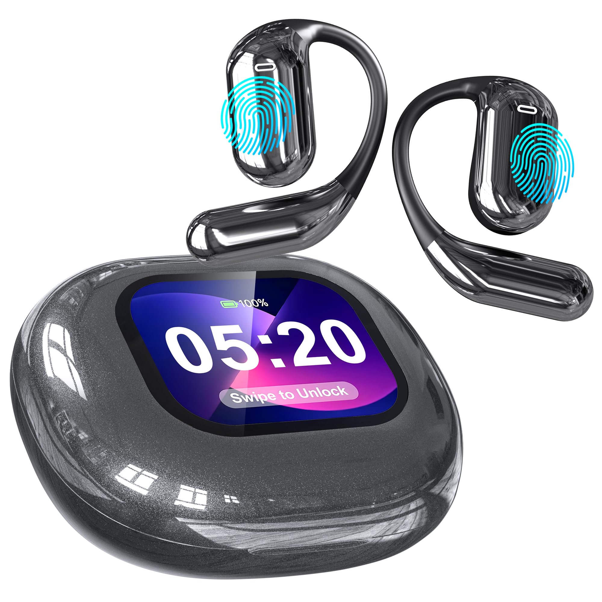 AI Translation Earbuds Real Time, Translator Bluetooth 5.4 Headphones 144 Languages LCD Touch Screen Open Ear Translating Earphones Audifonos Traductores, Royal Gray