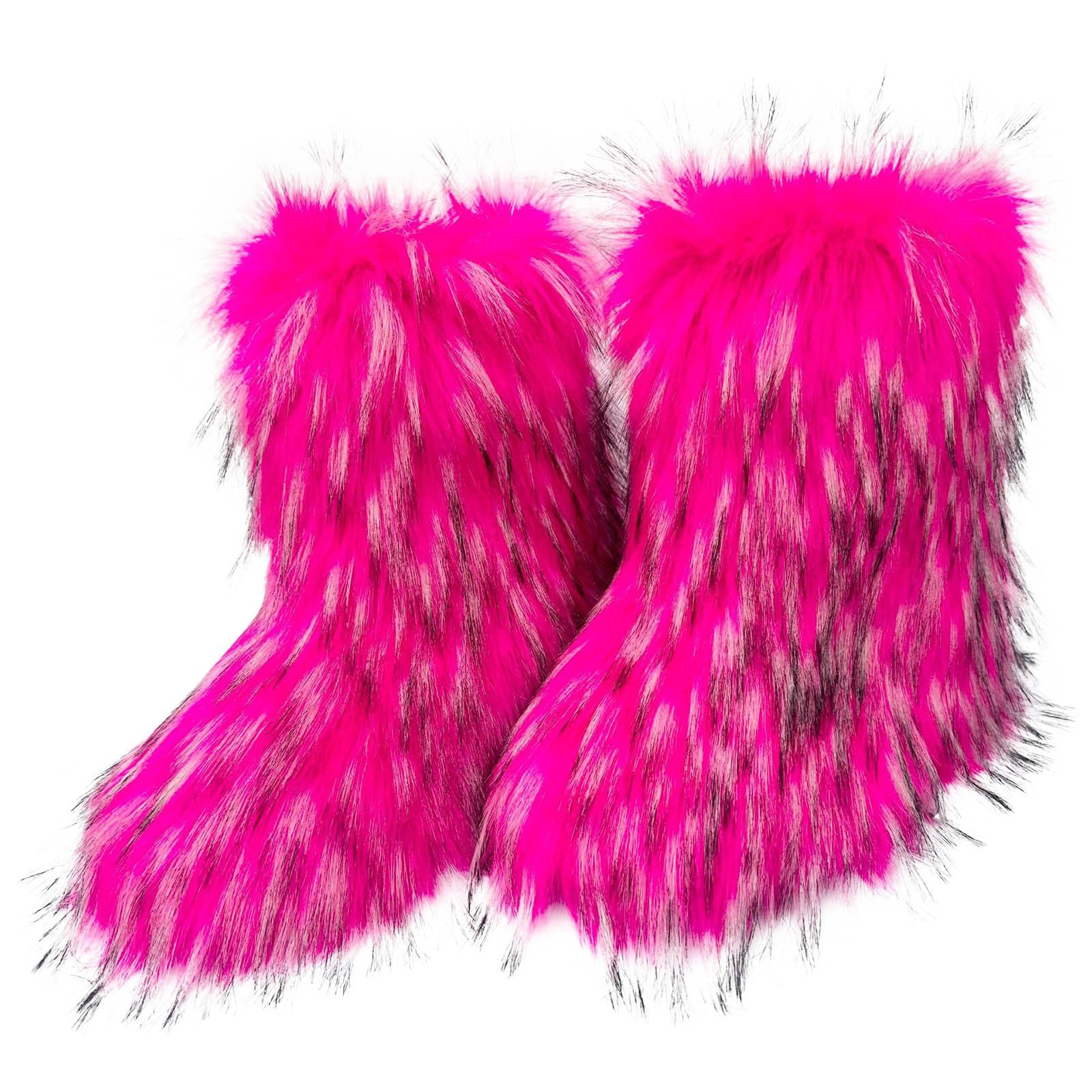 Lady Faux Fur Boot Winter Warm Furry Fluffy Slipe on Booties Round Toe Suede Snow Comfy Plush Party