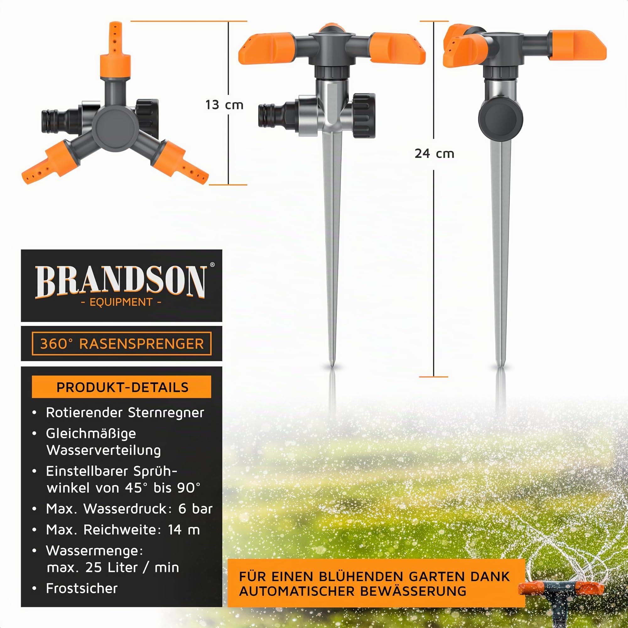 Brandson - 4 x Rasensprinkler 3 Fach mit Erdspieß – Rasensprenger 360 Grad - Flächenregner Sprühregner - Sprinkler mit 3 Arm – Einstellbarer Winkel 45° bis 90° - Reichweite bis zu 7m