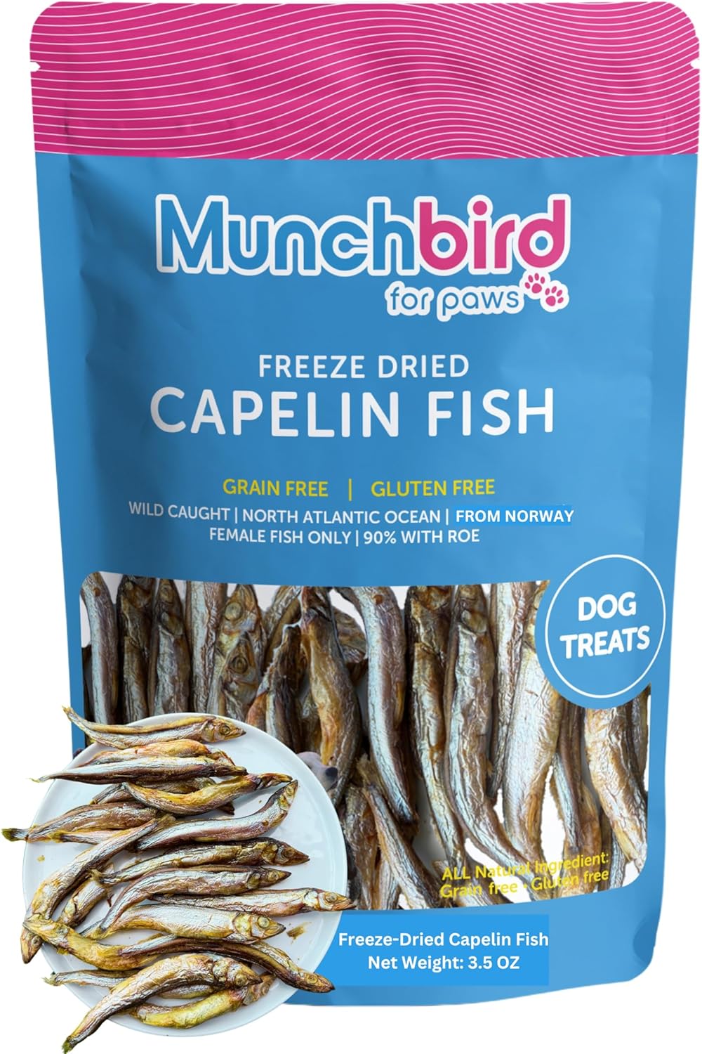 Munchbird Freeze Dried Capelin Whole Fish with Roe Cat Dog Treats - Single Ingredient, High Protein & Omega 3 for Skin and Coat, Grain-Free (100g) Wild-Caught