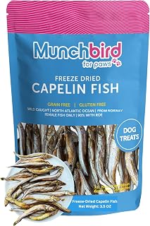 Munchbird Freeze Dried Capelin Whole Fish with Roe Cat Dog Treats - Single Ingredient, High Protein & Omega 3 for Skin and Coat, Grain-Free (100g) Wild-Caught