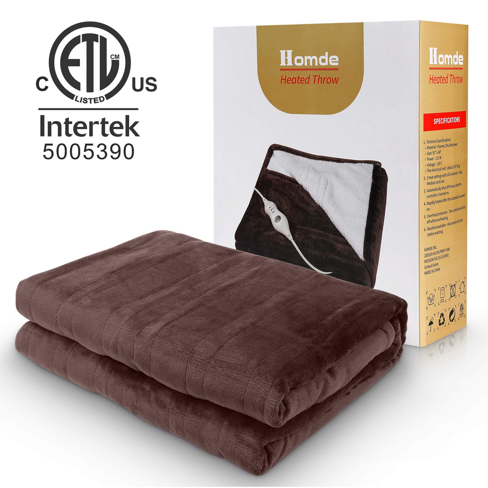 Amazon.com: Homde Heated Electric Throw 50 Inch x 60 Inch Reversible  Flannel/Sherpa Washable Blanket with 3-Heat Setting Auto-Off Controller for  Bed or Couch (Brown u0026 White) : Home u0026 Kitchen