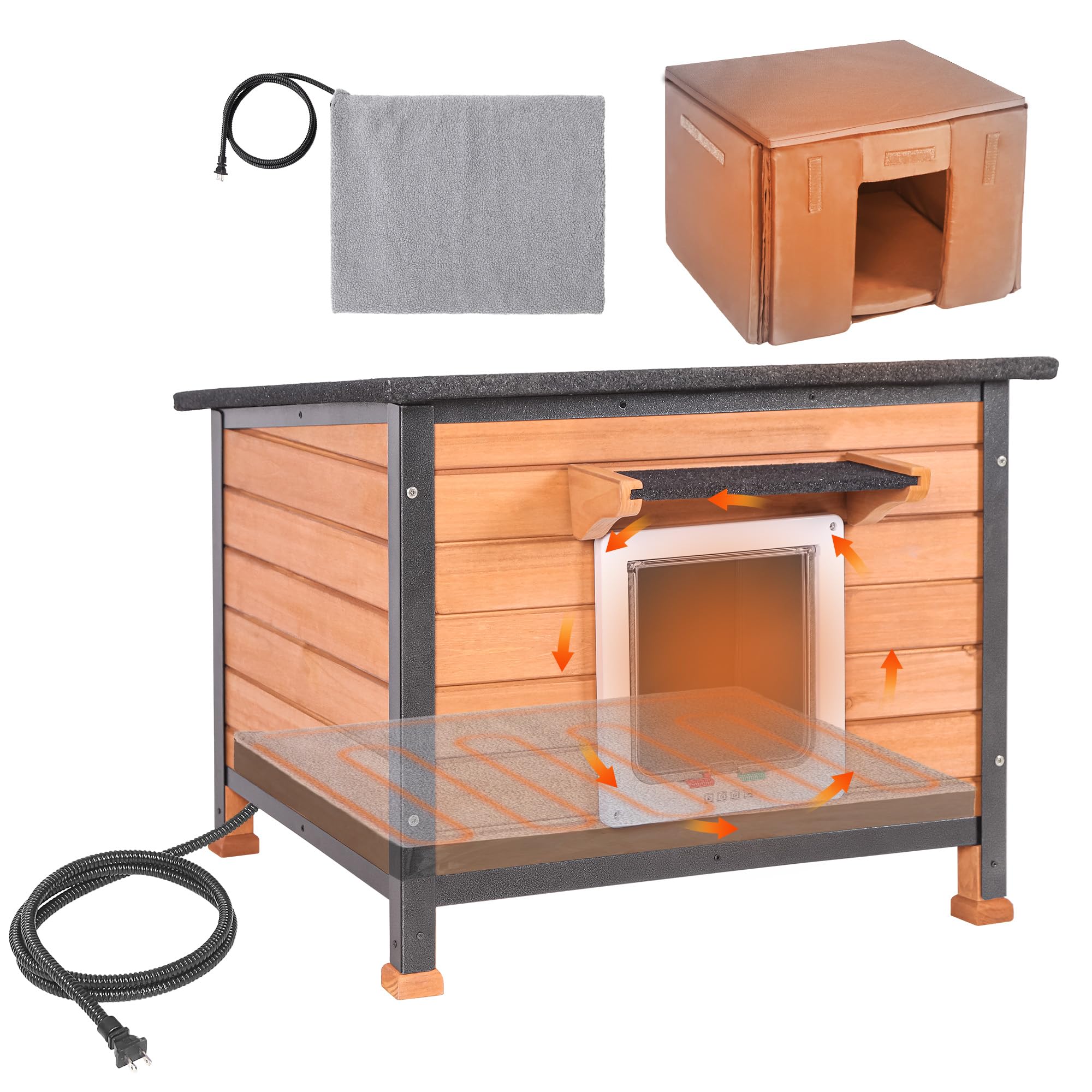 Seiyierr Outdoor Insulated Cat House Weatherproof for Winter Feral Cat Shelter with Insulated Liner All Round Metal Frame Wooden Condos Indoor and Outdoor Use for Cat Rabbit (BROWN-HEATED）