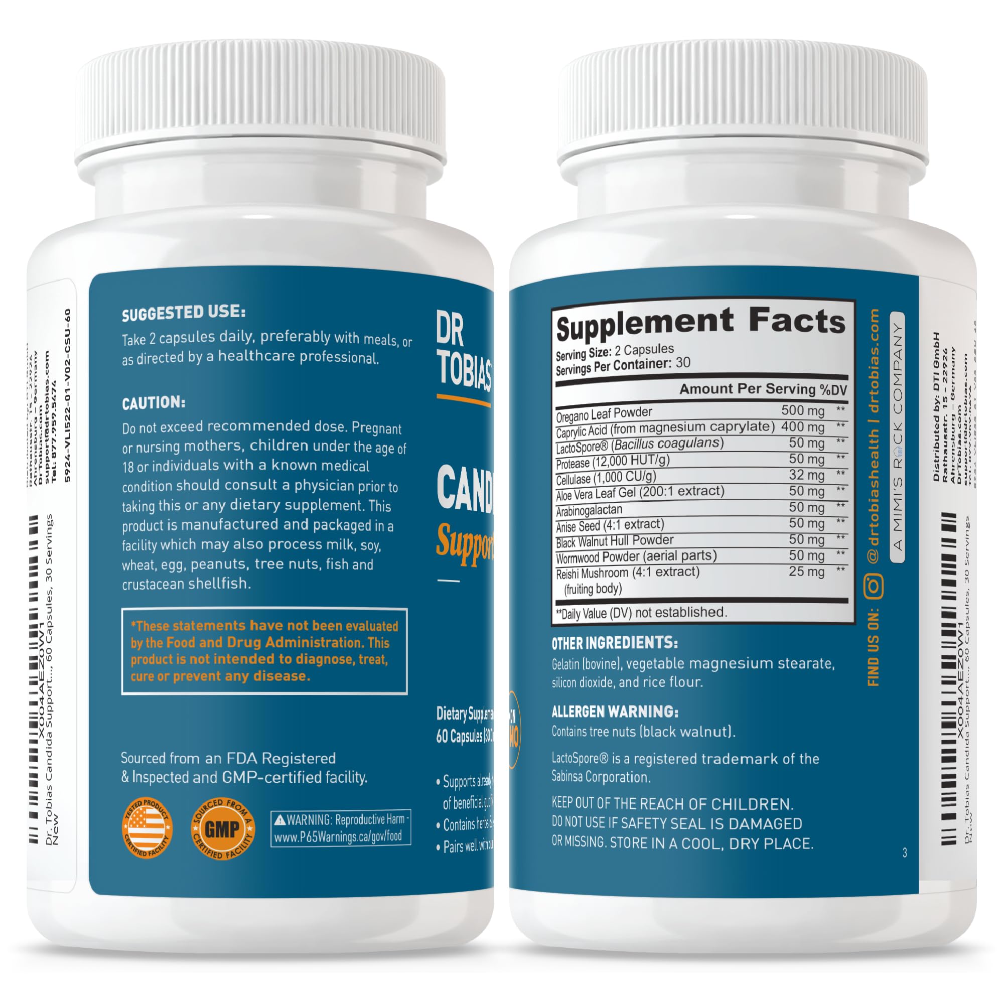 Dr. Tobias Candida Support, Gut Flora Balance Complex with Oregano, Caprylic Acid, Enzymes & Probiotics, Support Intestinal Detox Cleanse & Gut Health for Women & Men, 60 Capsules, 30 Servings — Amazon image 5