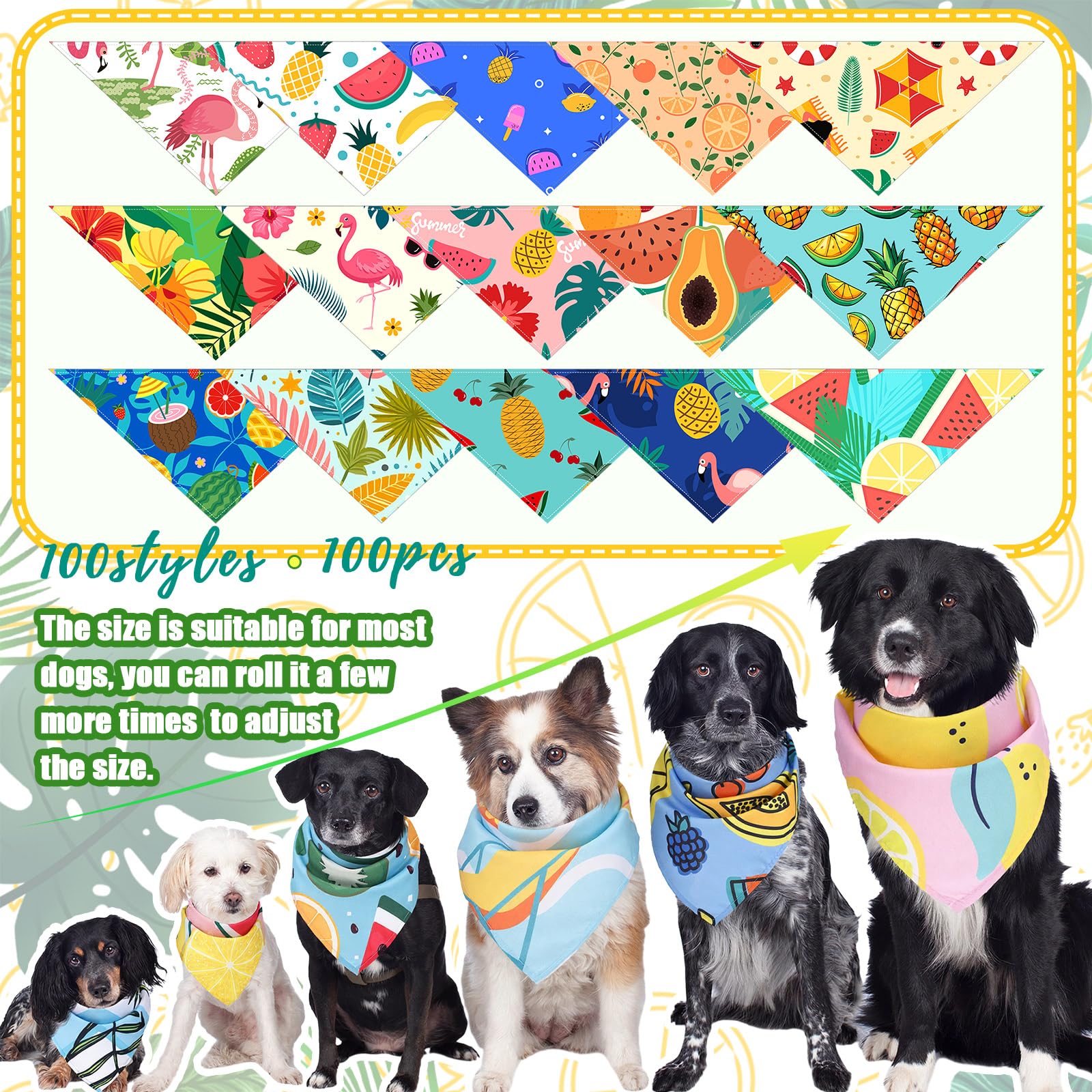 Huhumy 100 bandanas de verano para perros, coloridas bandanas de verano para mascotas, bandanas triangulares a granel para perros medianos y grandes, cumpleaños, vacaciones, playa, aseo personal