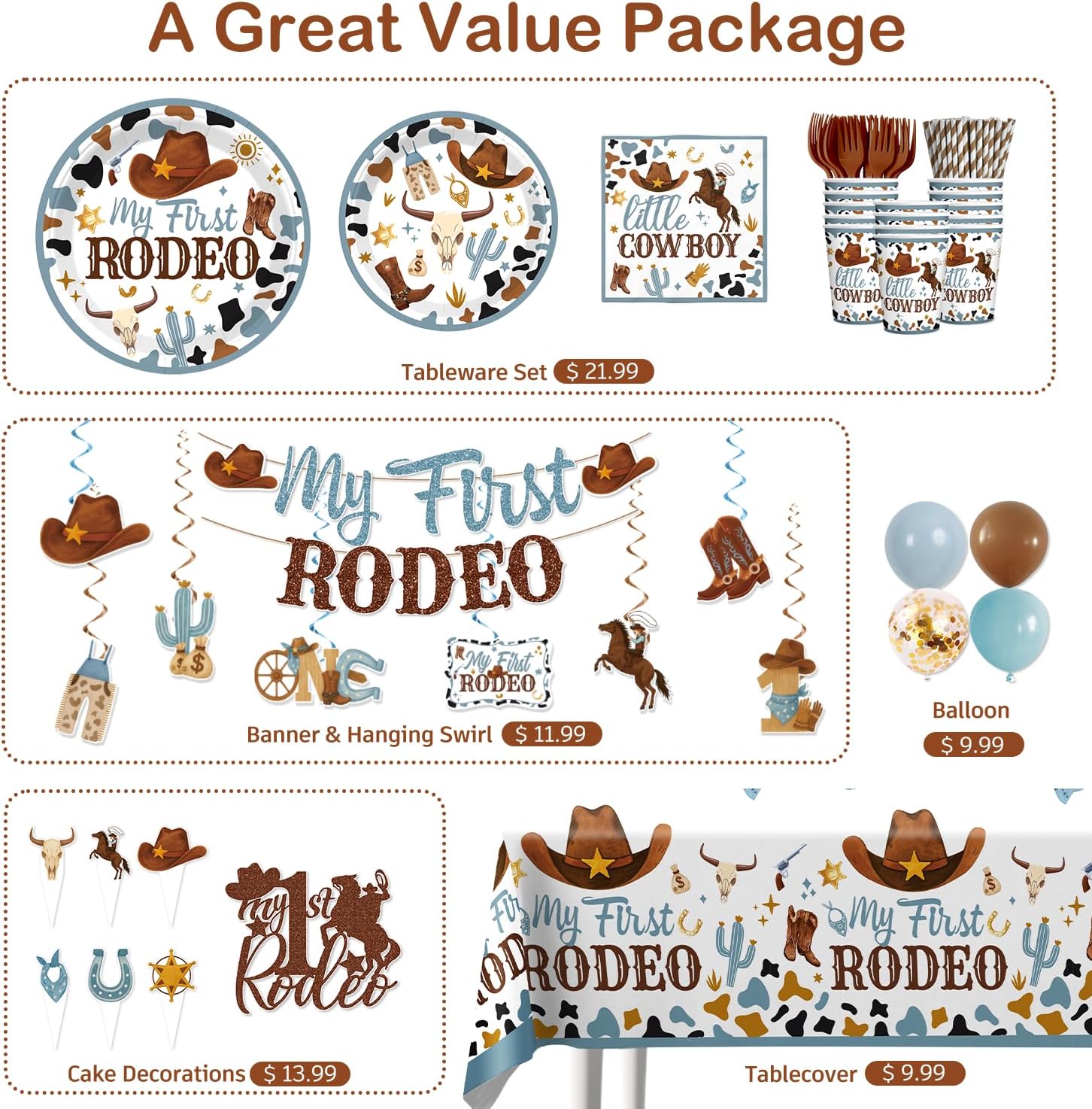 171 PCS My First Rodeo Decorations Boy, First Rodeo Birthday Tableware Set with Cake Topper, Cupcake Topper, Tablecloth, Plates and Balloons for Boy 1st Birthday Decorations