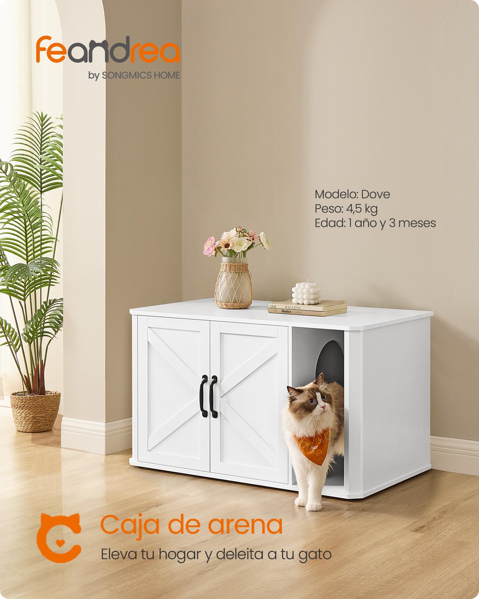 Feandrea Mueble Arenero, Moderno Arenero Oculto, con Entrada Frontal, Puertas Dobles, Asas, Casa para Gatos, Mesa Auxiliar, 85 x 48.5 x 50 cm, Blanco Nube PCL012W01