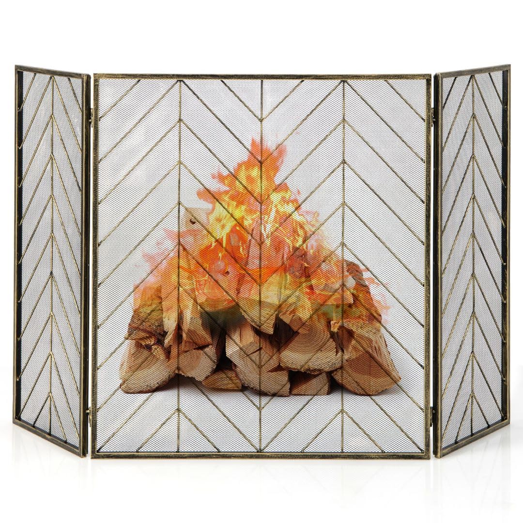 COSTWAY 3 Panel Folding Fire Guard, 133cm Wide Fireplace Screen with Flexible Hinges, Wrought Iron Mesh Spark Fire Panels Fence for Wood and Coal Firing, Stoves, Grills (Bronze)