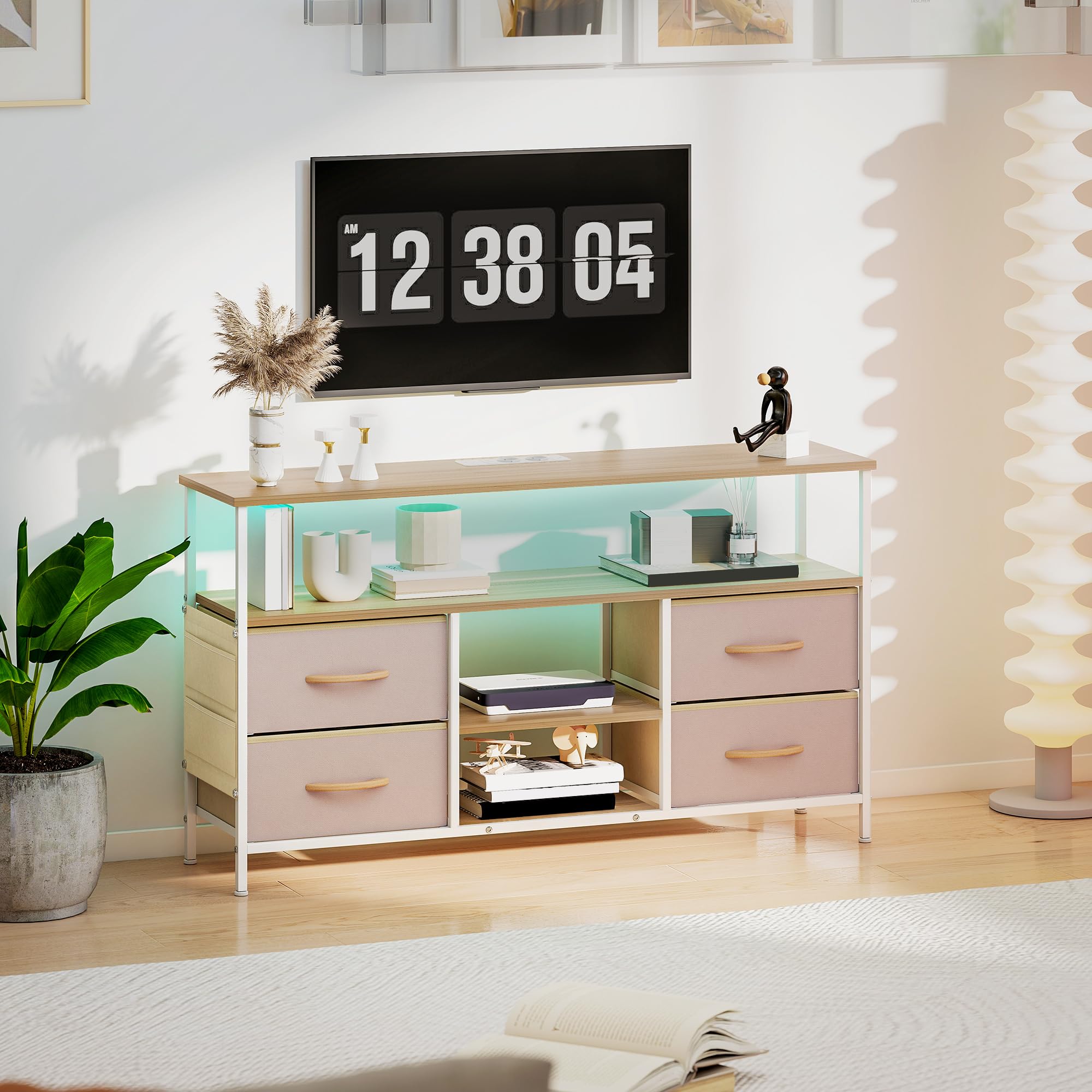 HOMCOM Mueble de TV con Luz LED Enchufes hasta 50 Pulgadas Beige y Natural | Mesa de TV para Salón, Puertos USB, Estantes Abiertos, 4 Cajones de Tela Plegables y Bolsillo