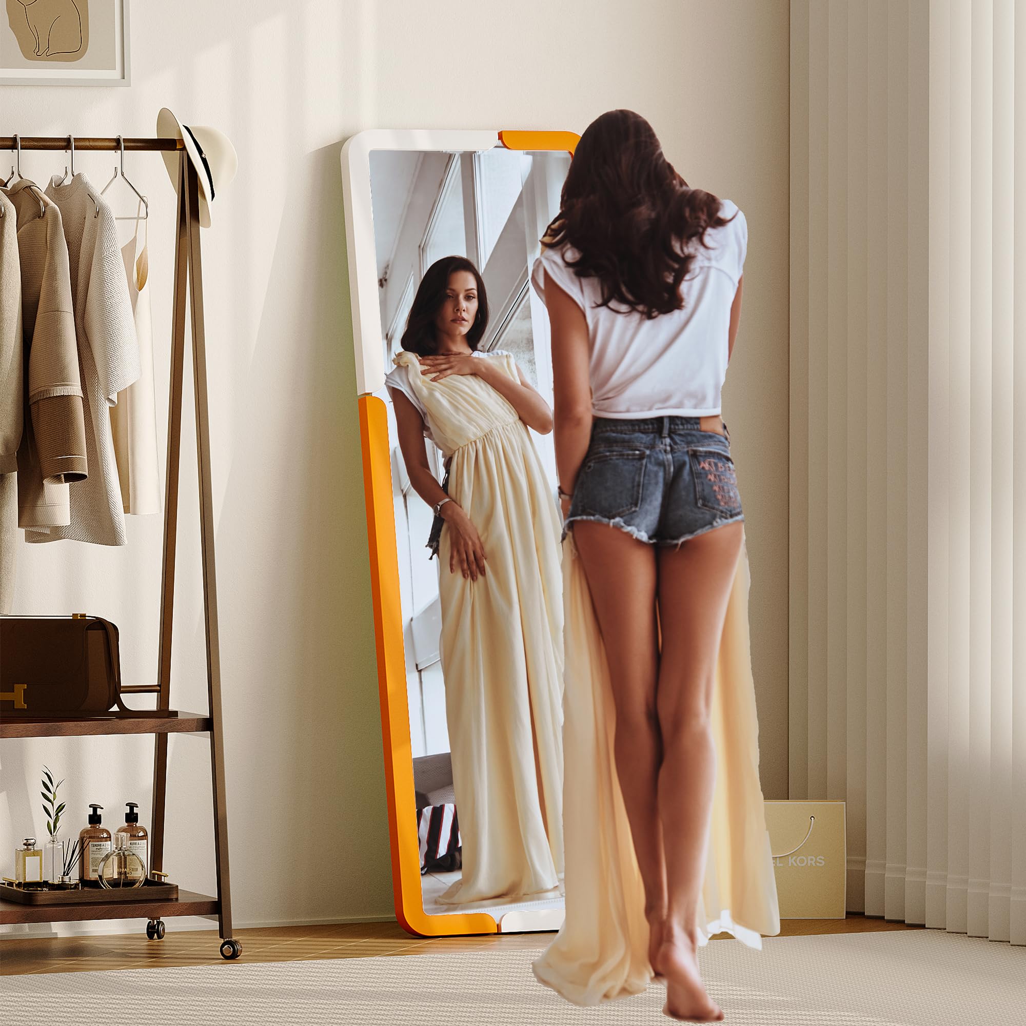 Lvifur Specchi da Terra Specchi, 160 x 40 cm Grande Specchio Bagno con e Supporto, Specchio per Camera da Letto Soggiorno (Bianco Arancio)