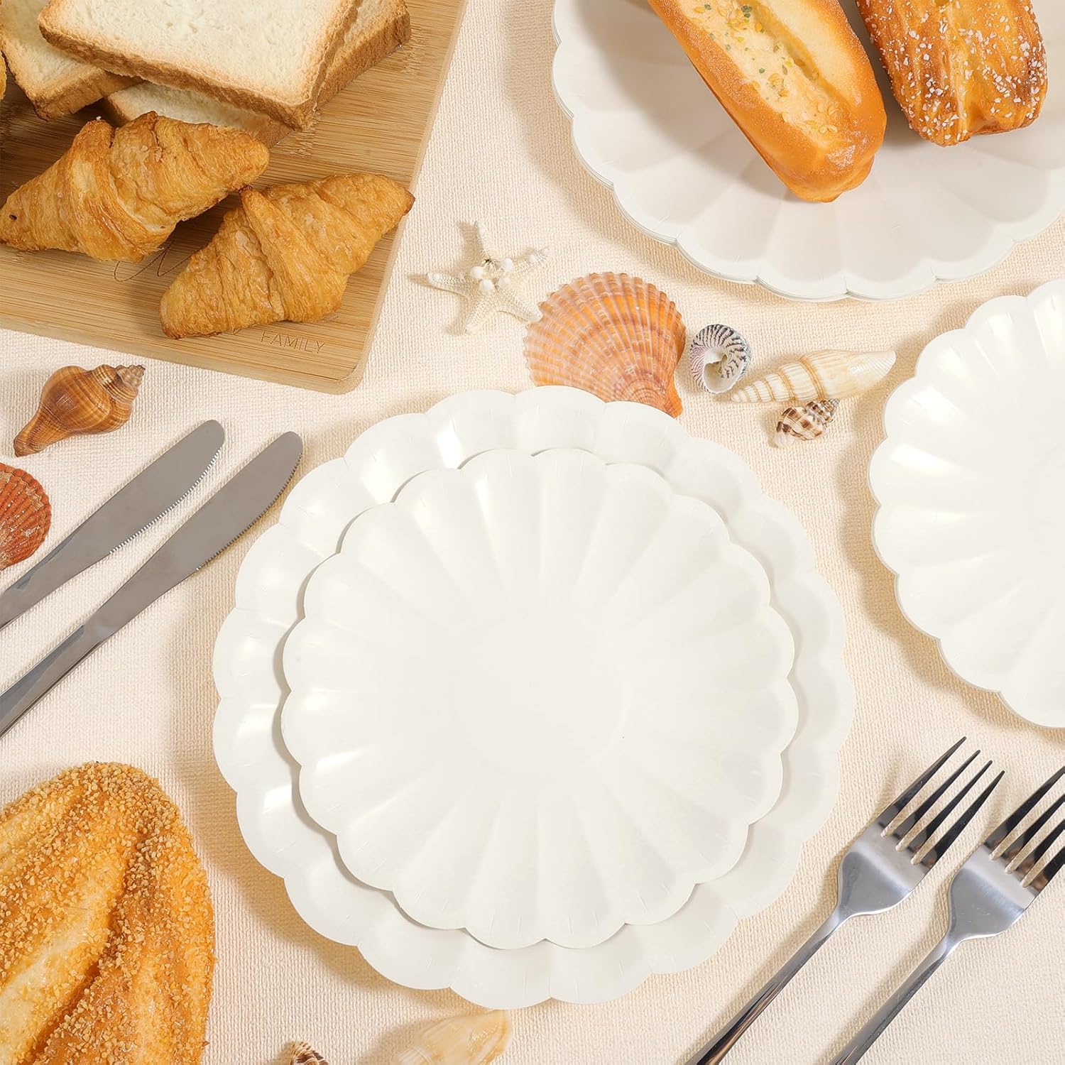 100 Pcs Scalloped Paper Plates 9 Inch and 7 Inch Shell Edge Disposable Compostable Plates for 50 Guests, Cream Scalloped Paper Plate for Picnic Wedding Baby Shower Birthday Party Decoration - Image 3