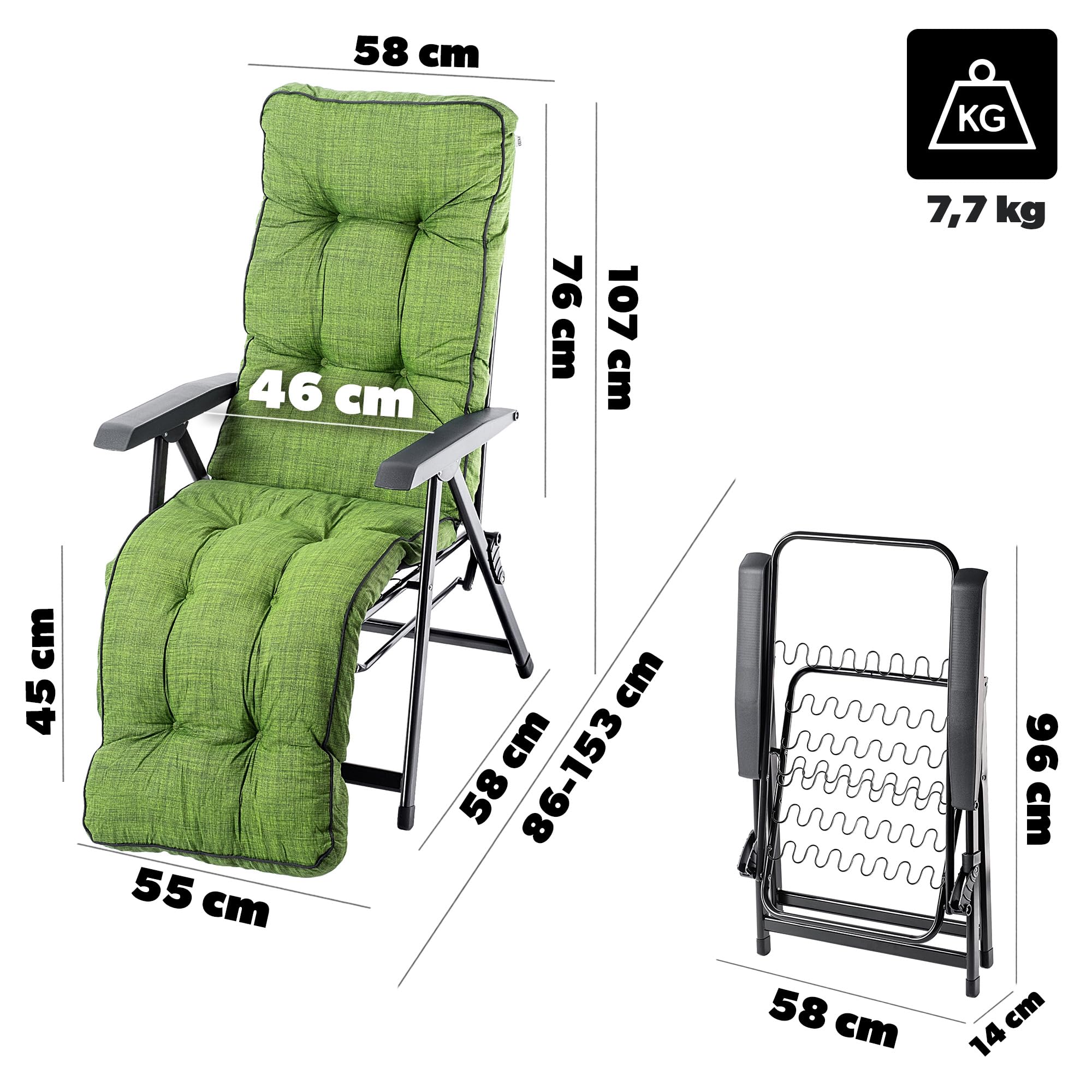 KADAX Silla de jardín con reposapiés, tumbona con cojín, tumbona plegable, tumbona de jardín con respaldo ajustable, sillón de jardín, silla de relax (verde)