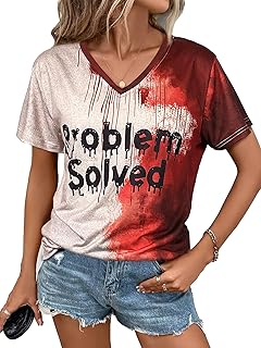 Halloween Shirts for Women Bloody Shirt Funny Problem Solved Shirt Horror Clothes Blood Splatter